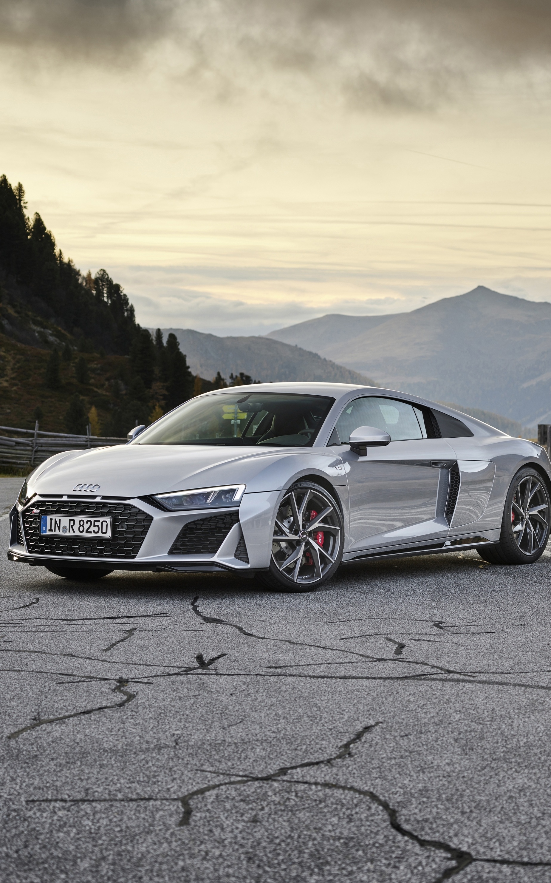 Audi R8 V10 Coupé, alpine mountain pass, cracked asphalt surface, HD Phone wallpaper