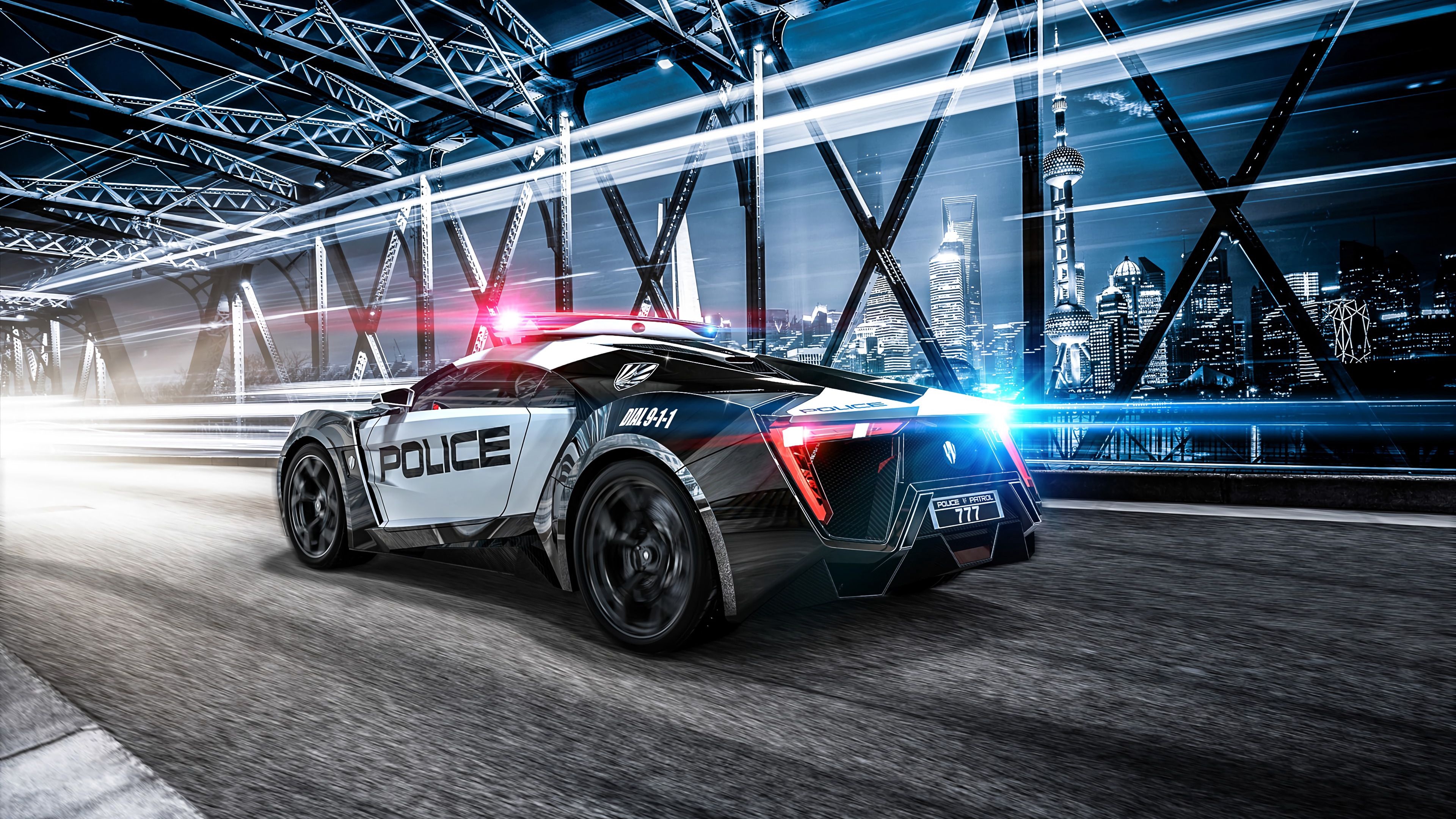 W Motors Lykan HyperSport police car, Oriental Pearl Tower skyline, Steel truss bridge road, 4K Desktop wallpaper