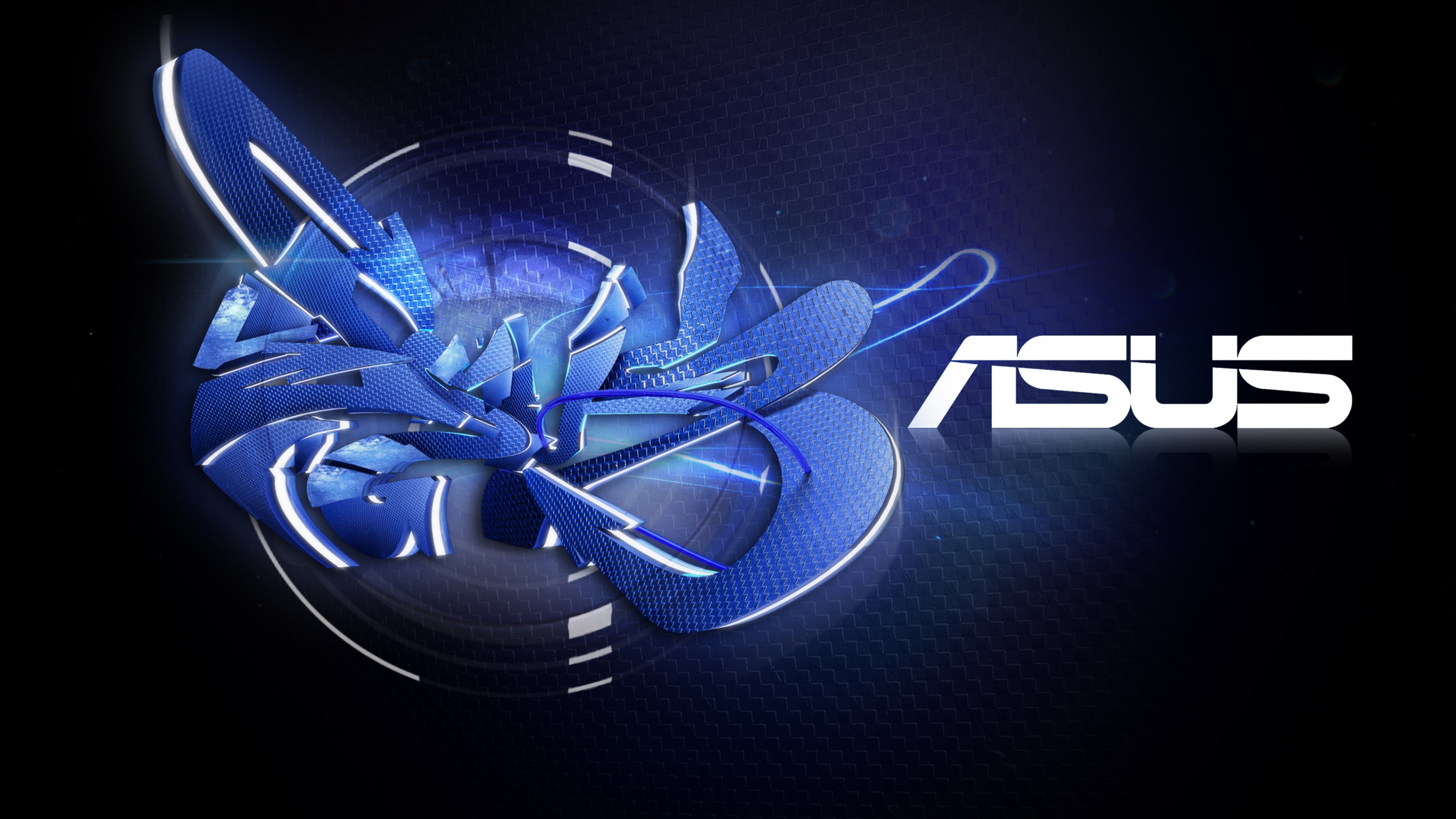 ASUS logo, blue 3D graffiti sculpture, glowing circular HUD graphic, 4K Desktop wallpaper
