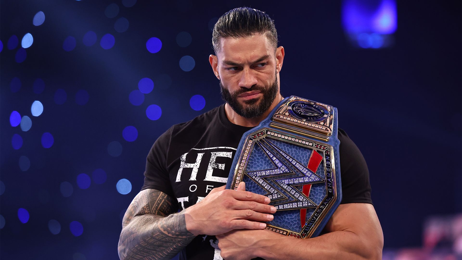 Roman Reigns, WWE Universal Championship belt, blue bokeh lighting, Full HD Desktop wallpaper