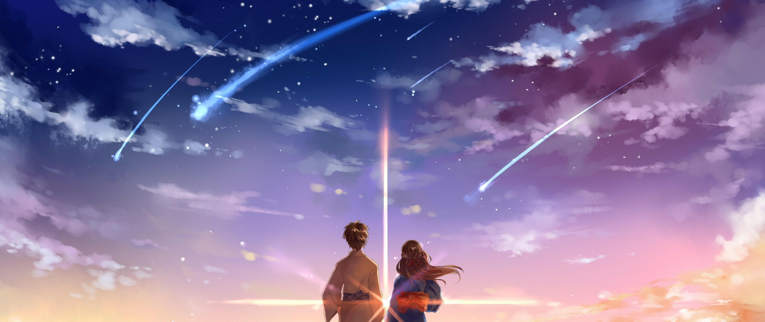 Mitsuha Miyamizu, Taki Tachibana, Your Name Anime, Cloudy Skies, 2560x1080 Dual Screen Desktop