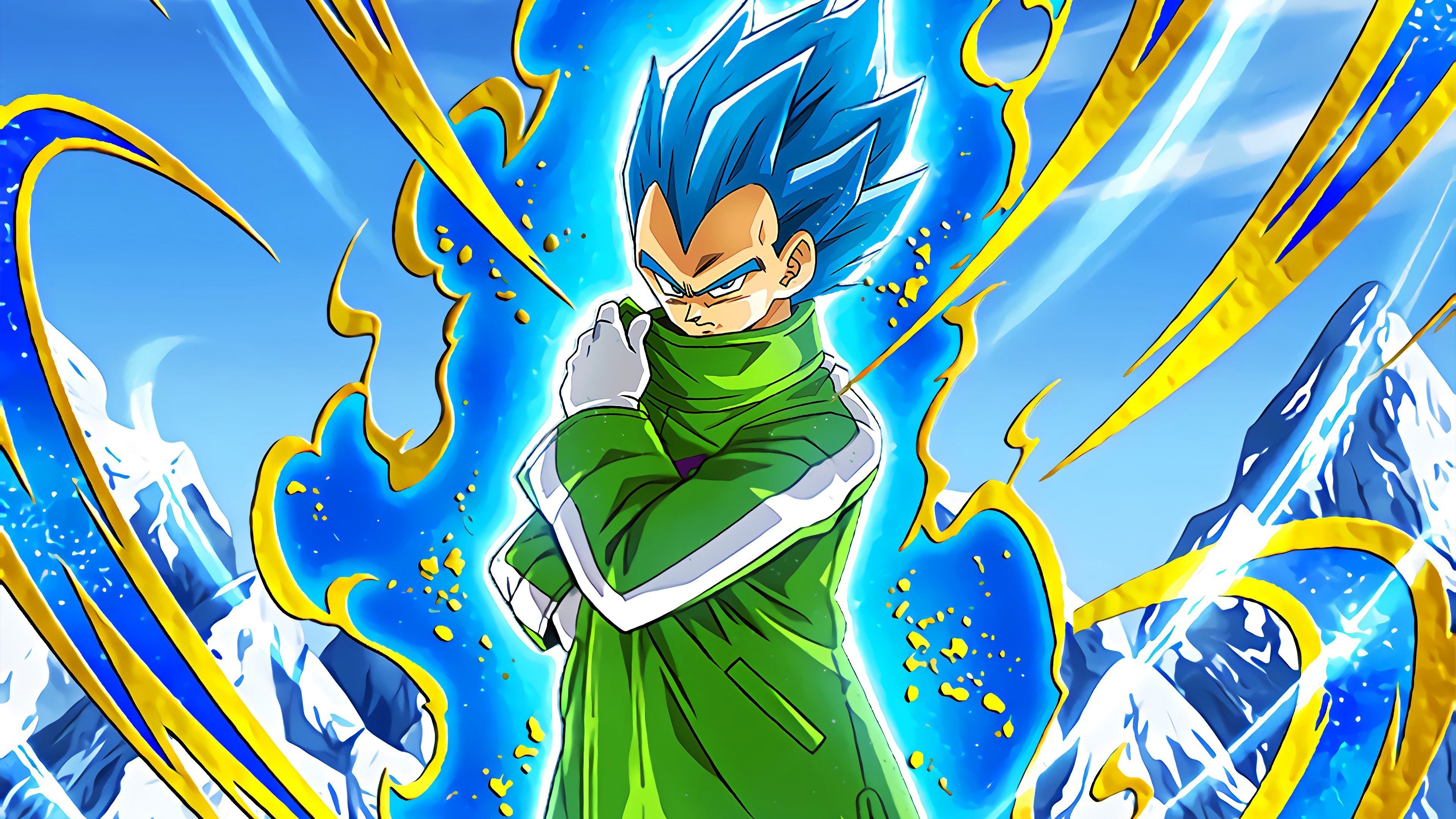 Super Saiyan Blue Vegeta, Green winter coat, Swirling blue ki aura, 4K Desktop wallpaper