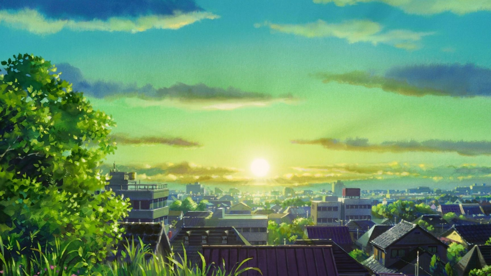 Whisper of the Heart, anime suburban rooftops, morning sunrise horizon, Full HD Desktop wallpaper