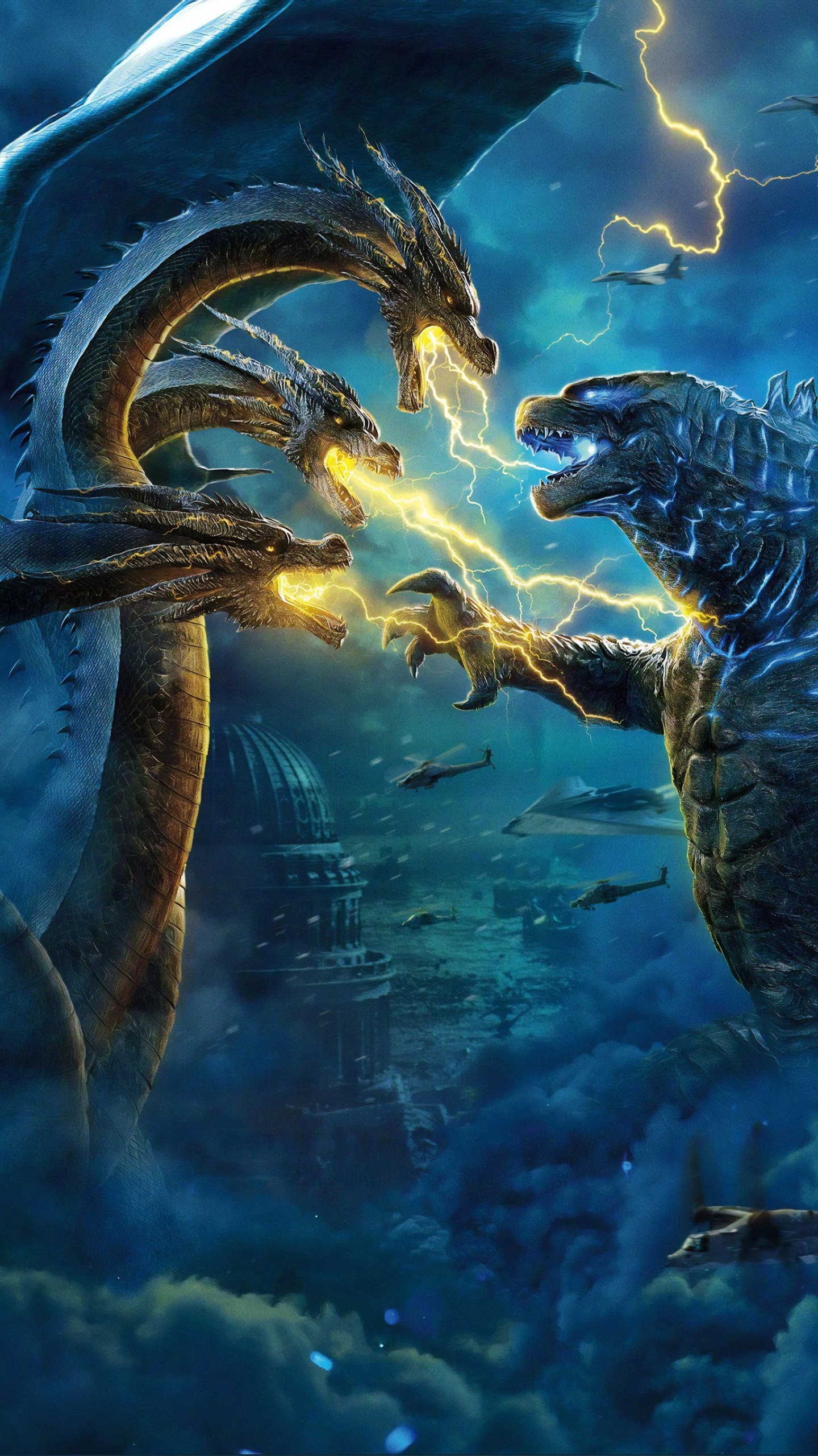 Godzilla vs King Ghidorah, Sarah Tremblay, Epic duel, Powerful adversaries, 1440x2560 HD Phone