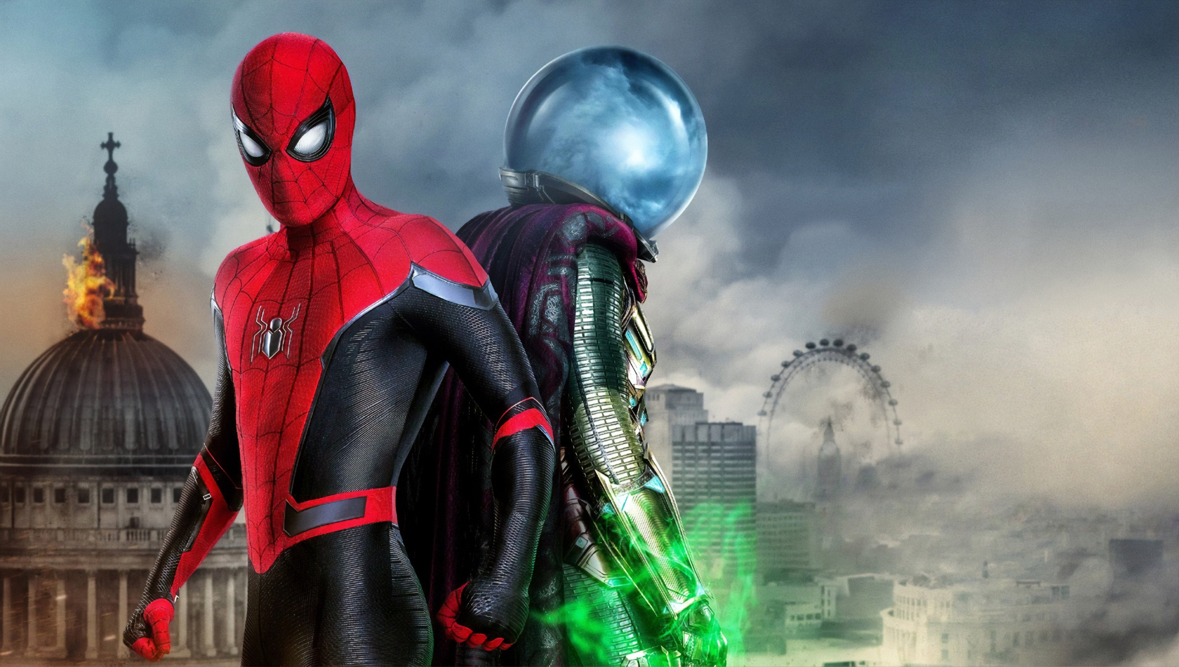 Far From Home, Mysterio, Spider-Man, Fishbowl helmet, Smoky city skyline, 4K Desktop wallpaper