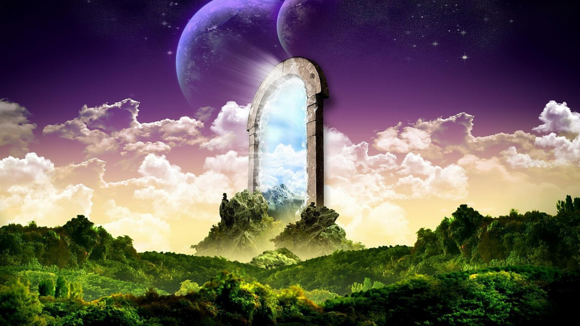 glowing stone portal arch, twin crescent planets, lush green forest canopy, Full HD Desktop wallpaper
