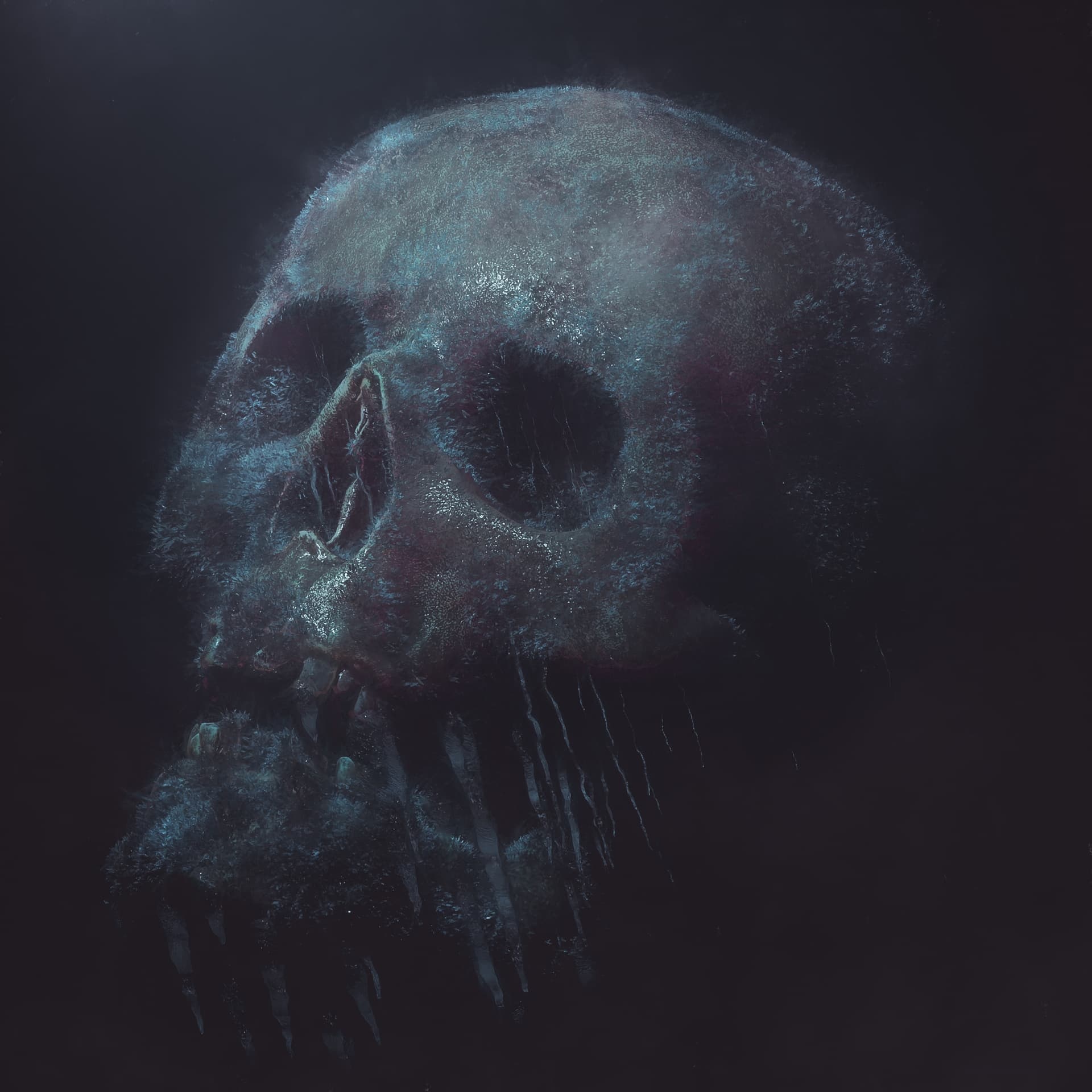 Decayed skull in profile, Mossy teal surface texture, Dripping jaw strands, HD Phone wallpaper