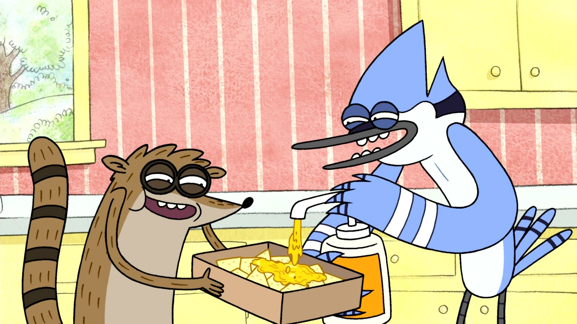 Rigby holding nacho tray, Mordecai pouring cheese sauce, Pink striped kitchen, Regular Show, Full HD Desktop wallpaper