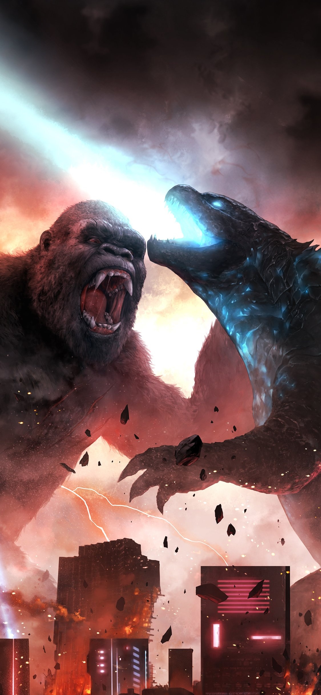 Movie Godzilla vs Kong, Cinematic battle, Monster clash, 1130x2440 HD Phone