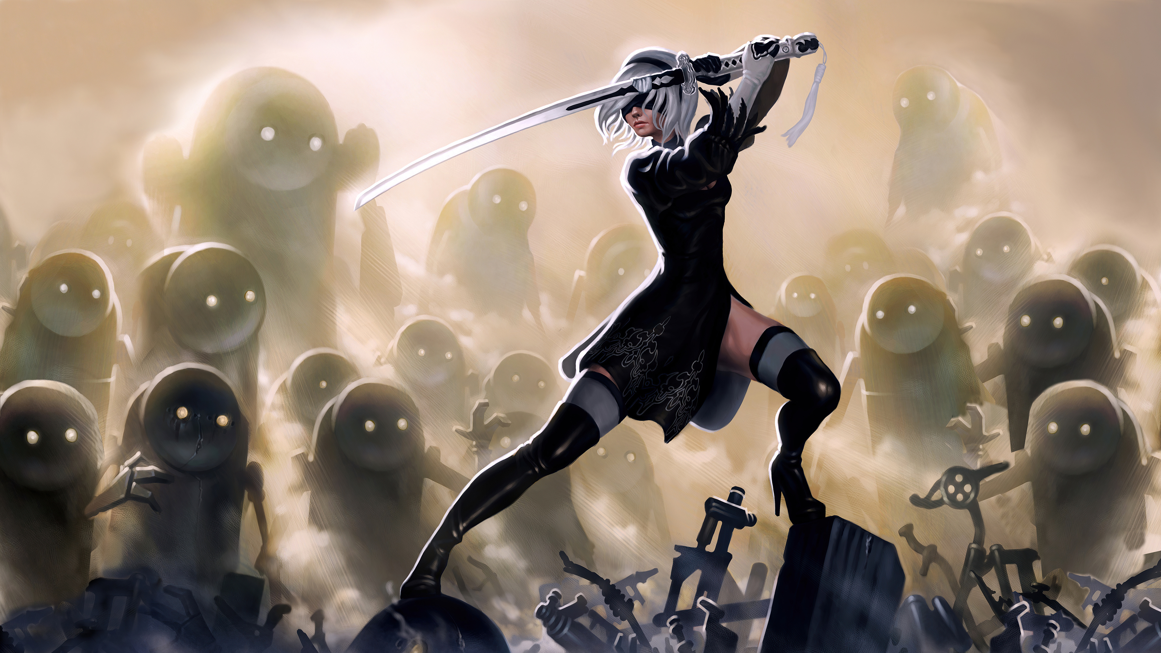 YoRHa No.2 Type B, NieR Automata Machine Lifeforms, Virtuous Contract katana, 4K Desktop wallpaper