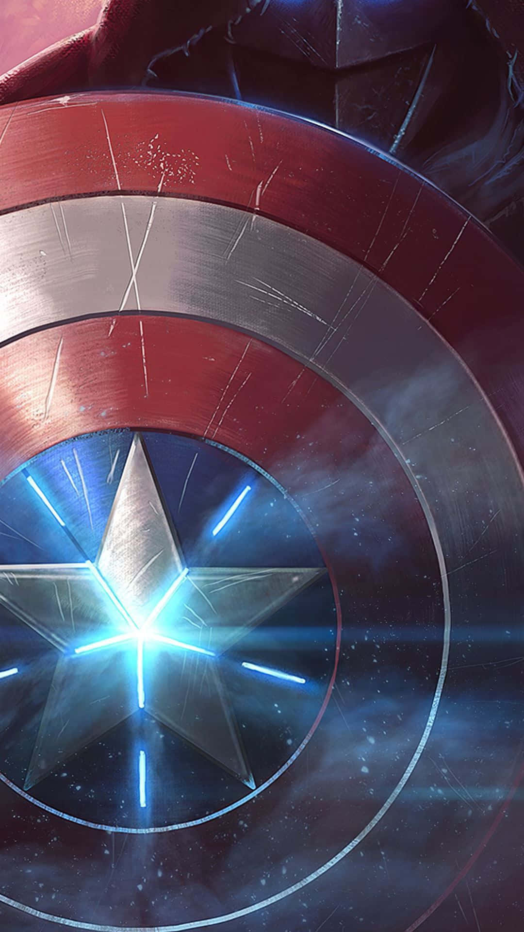 Captain America's vibranium shield, glowing blue star, scratched battle damage, Full HD Phone wallpaper