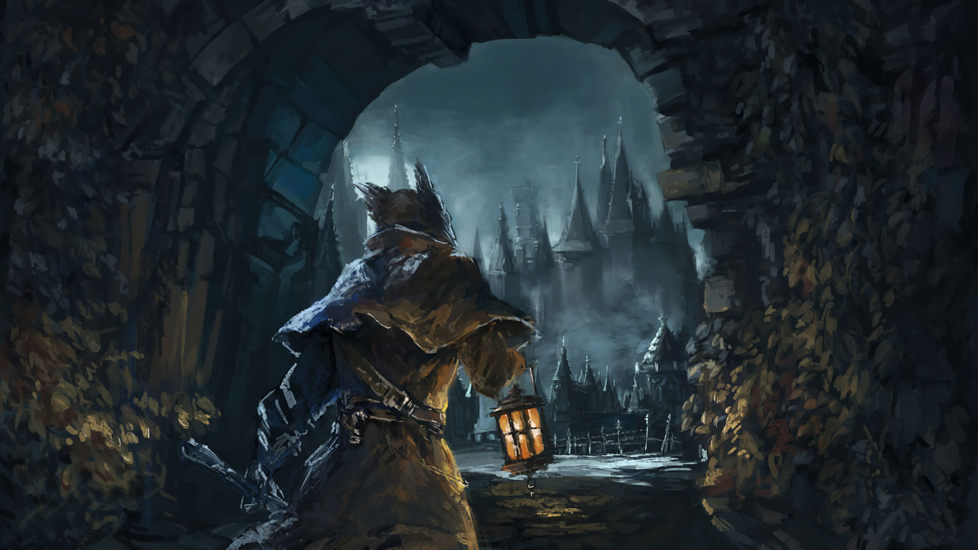 Bloodborne Hunter, Yharnam city spires, glowing lantern, Full HD Desktop wallpaper