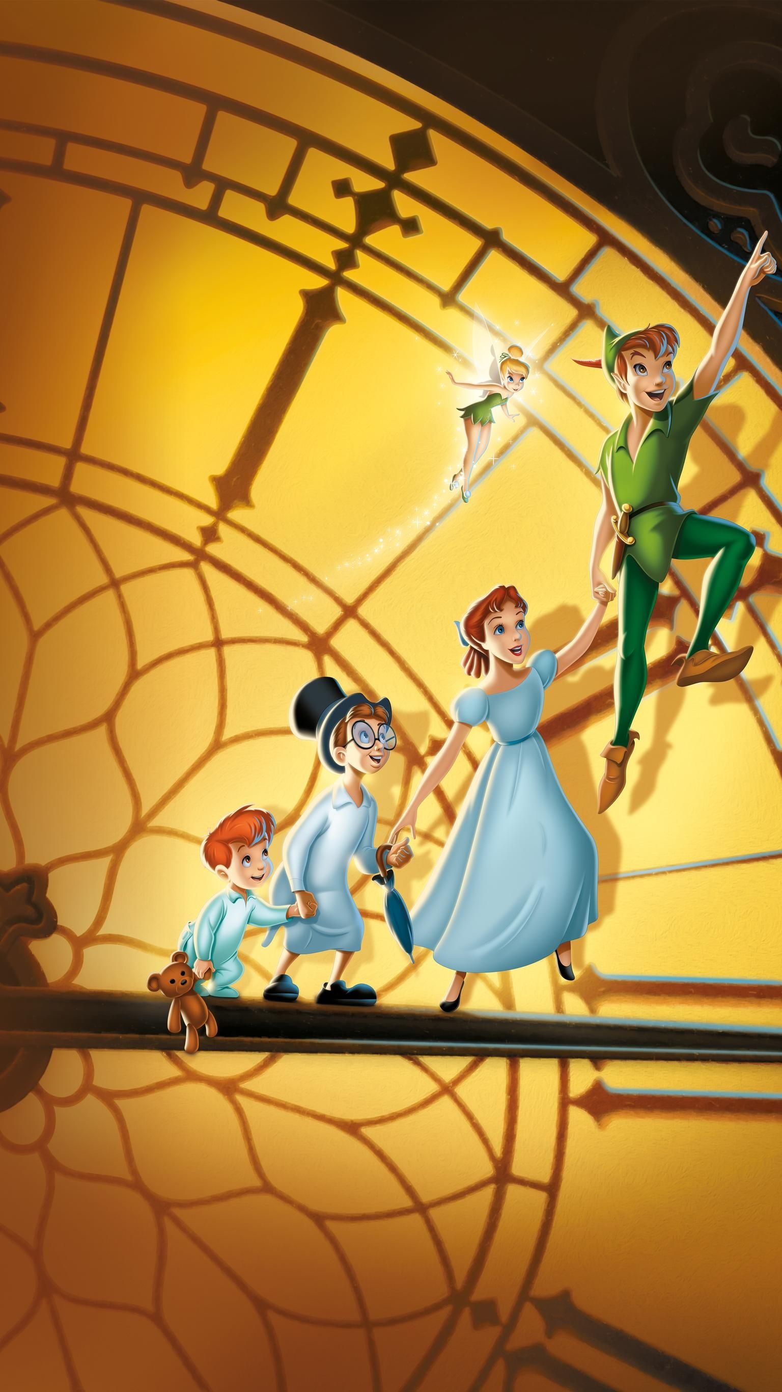 Peter Pan, Wendy Darling, Tinker Bell, John and Michael Darling, Big Ben clock face, HD Phone wallpaper