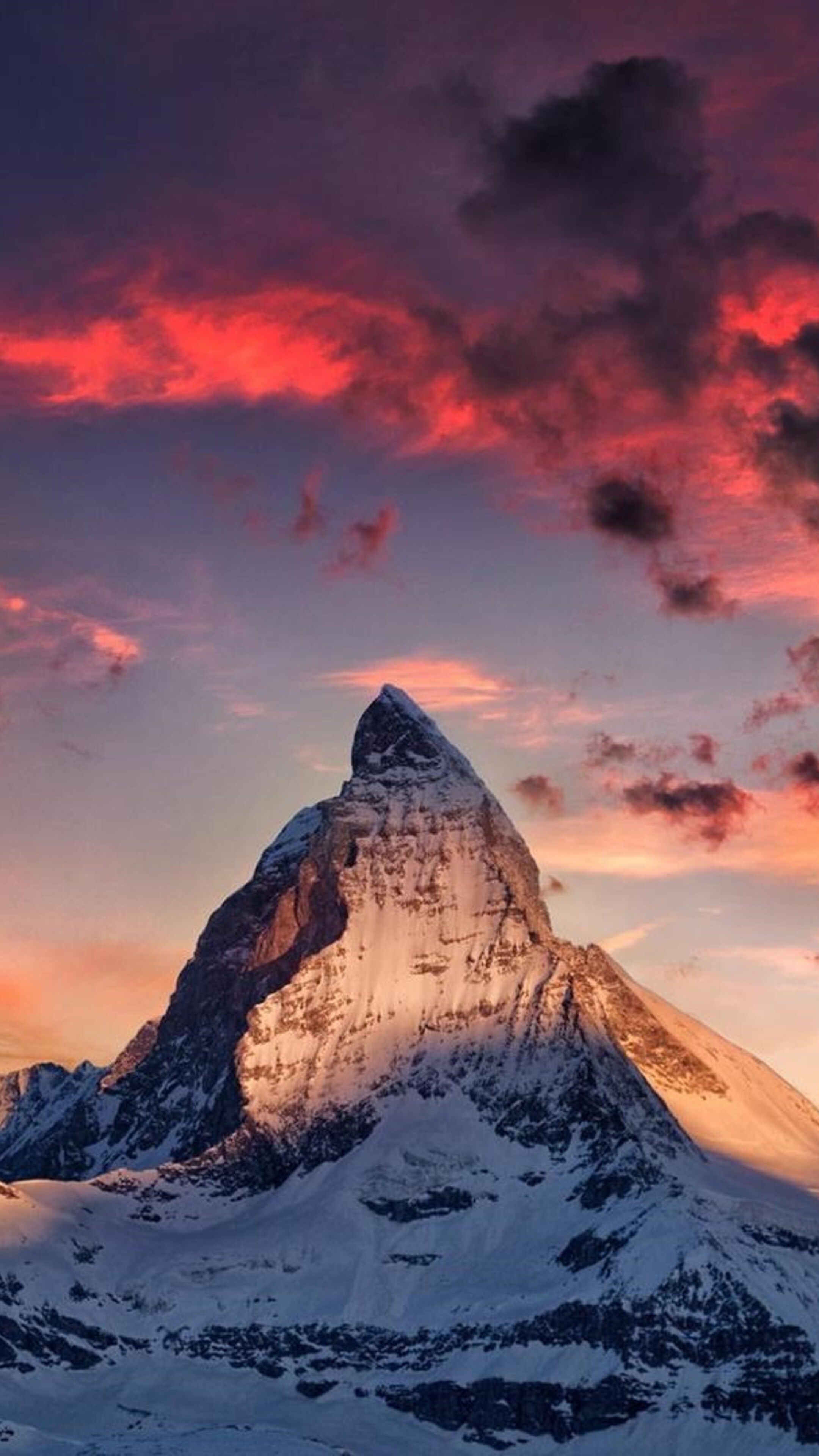 Matterhorn mountain peak, Snow-covered Alpine ridge, Fiery sunset clouds, 4K Phone wallpaper