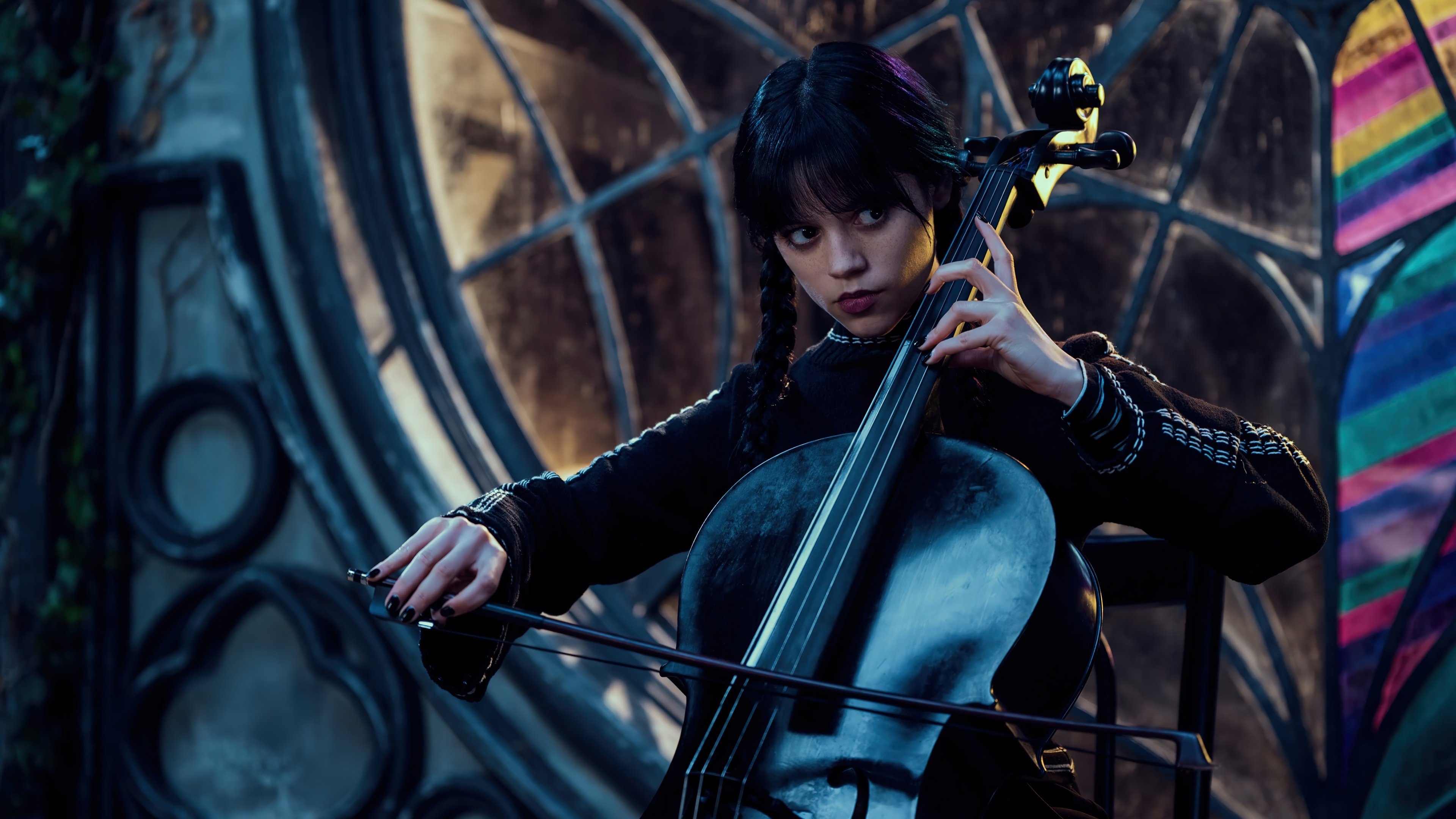 Wednesday Addams, black cello, Ophelia Hall window, 4K Desktop wallpaper