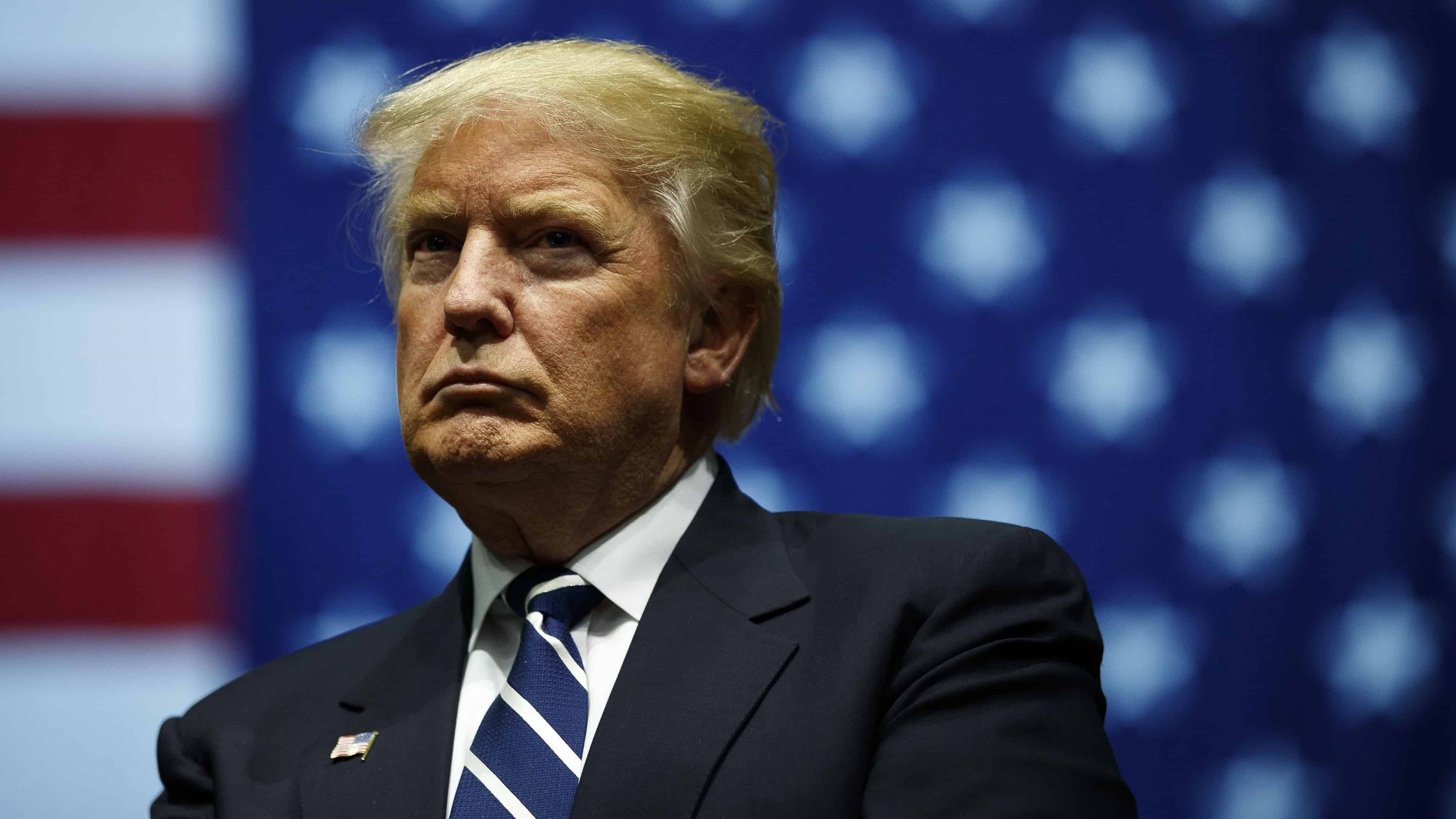 Donald Trump, American flag backdrop, blue striped necktie, 4K Desktop wallpaper
