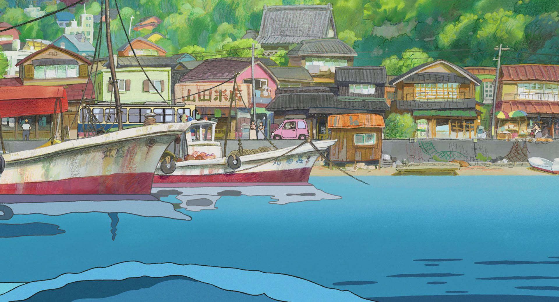 Seaside harbour town, Moored fishing boats, Tiled rooftops, Pink kei car, HD Desktop wallpaper