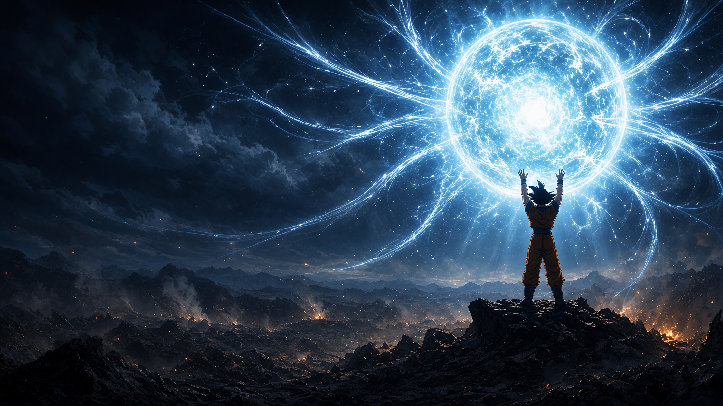 Goku, Spirit Bomb, Arms raised skyward, Converging energy streams, Night battlefield, Dragon Ball Z, HD Desktop wallpaper