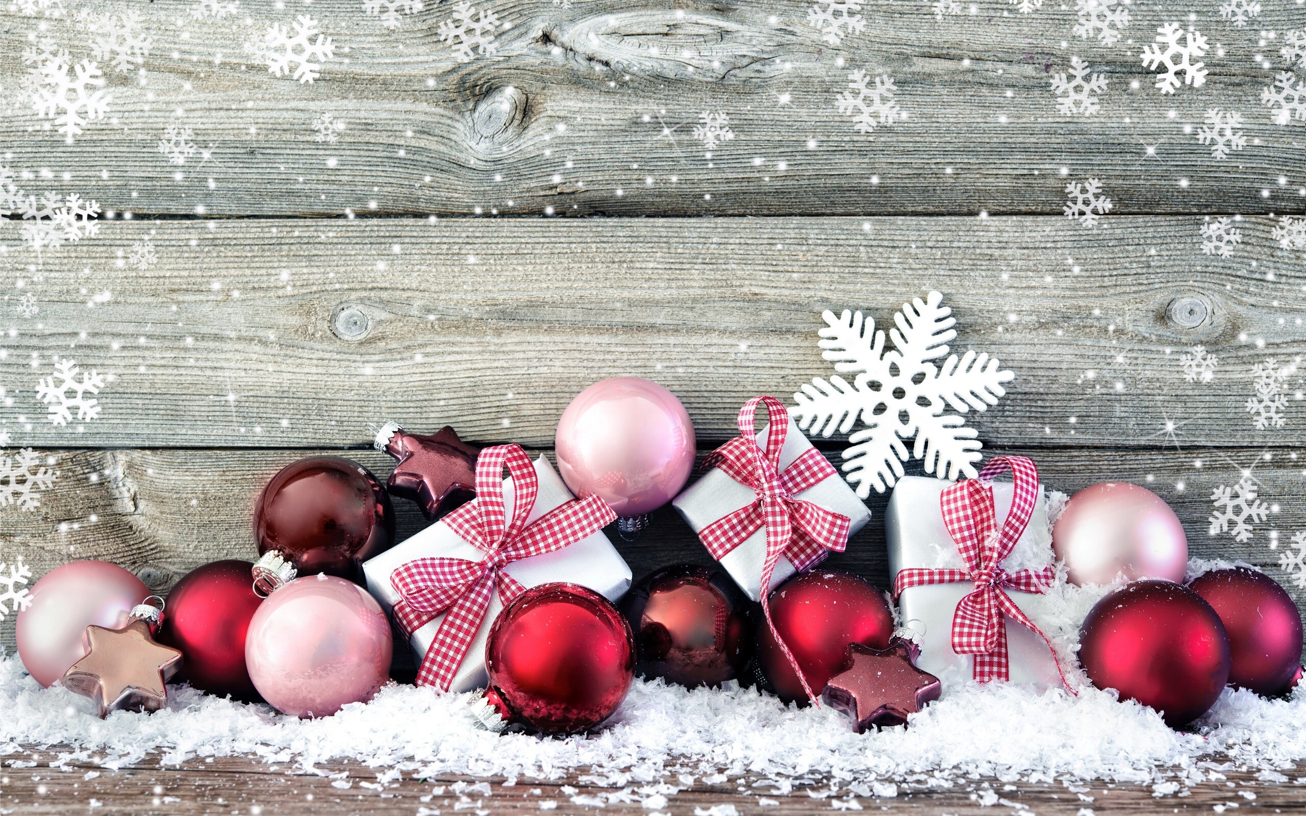 Red Christmas decorations, Wooden walls, Snowy beauty, Festive wallpapers, 2560x1600 HD Desktop