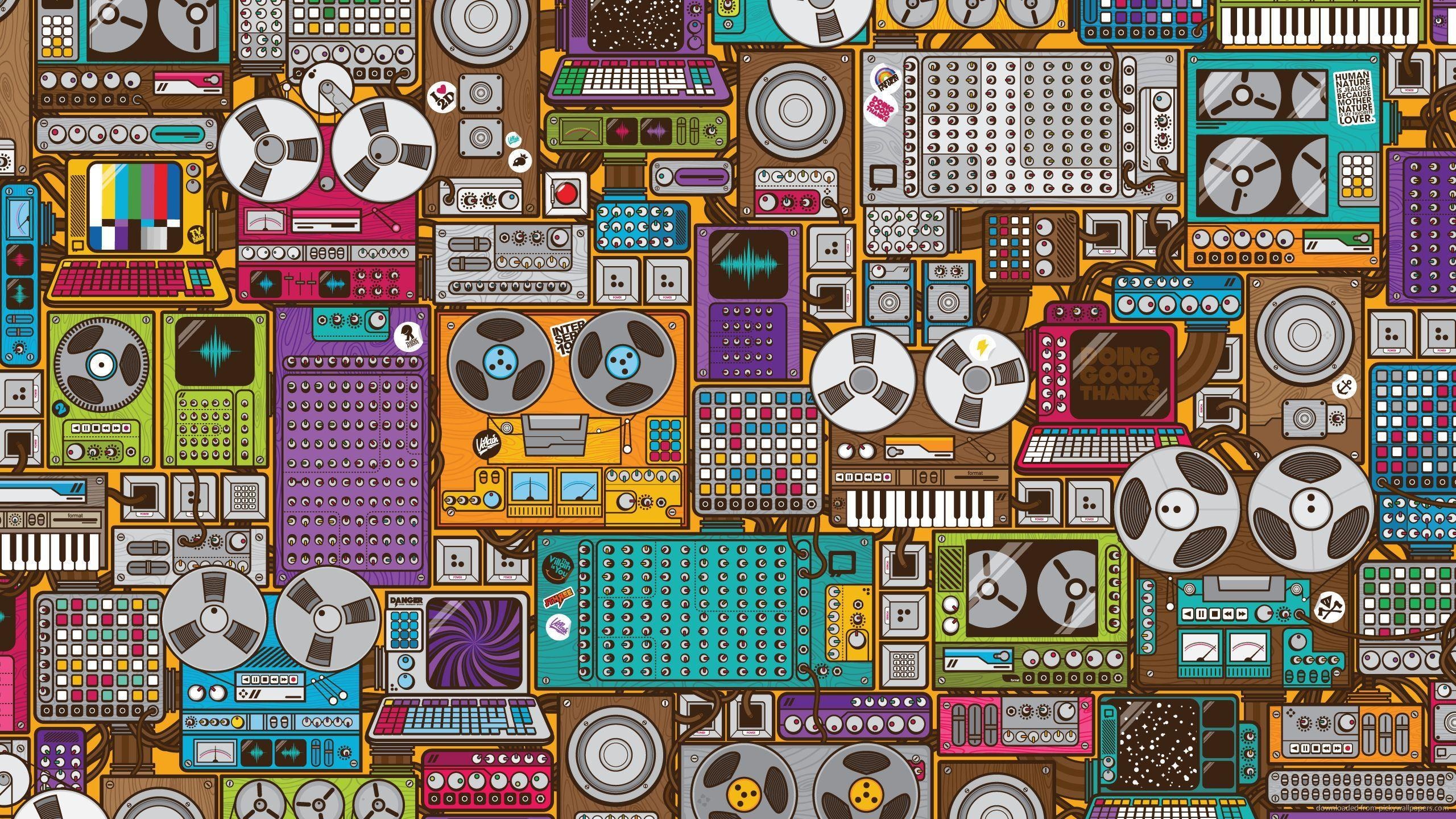 Retro audio equipment collage, Vintage reel-to-reel tape recorder, Modular synthesizer patch panel, Electronic drum machine grid, Vintage studio mixing console, HD Desktop wallpaper