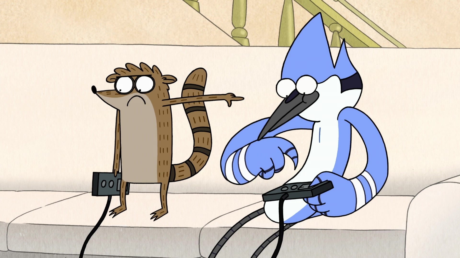 Mordecai holding game controller, Rigby pointing, Beige living room couch, Regular Show, Full HD Desktop wallpaper