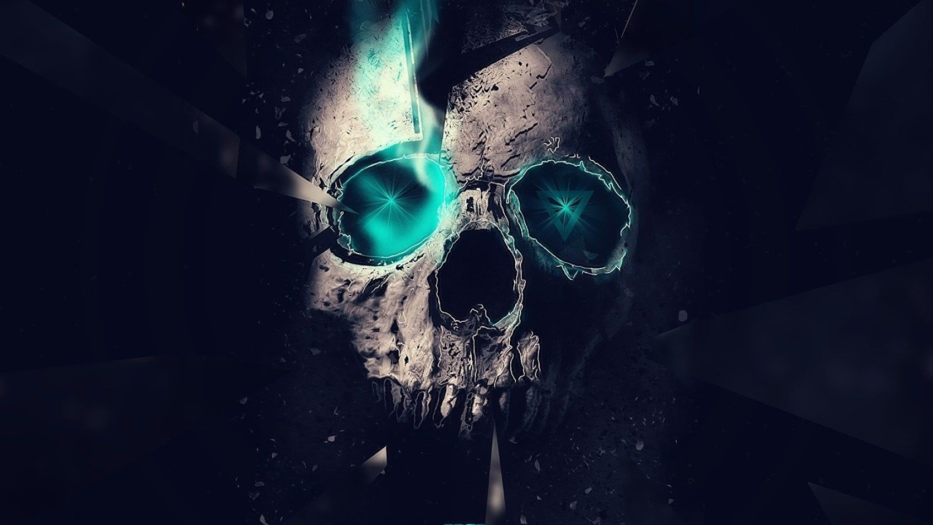Cracked skull teal glow, Shattered debris fragments, Dark teal lighting, Full HD Desktop wallpaper