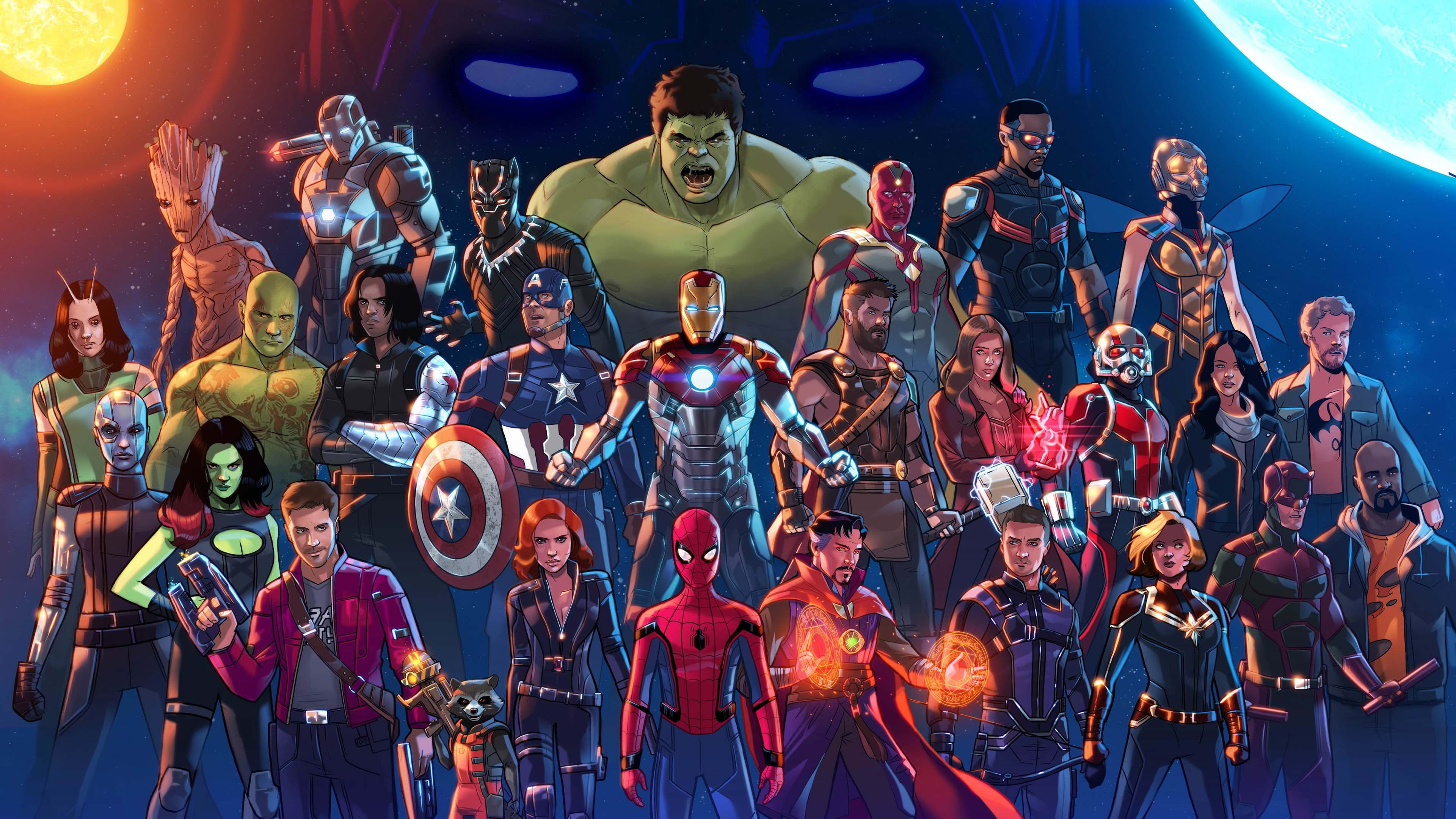 Marvel superheroes ensemble, Iron Man, Spider-Man, Doctor Strange, Captain America, 4K Desktop wallpaper