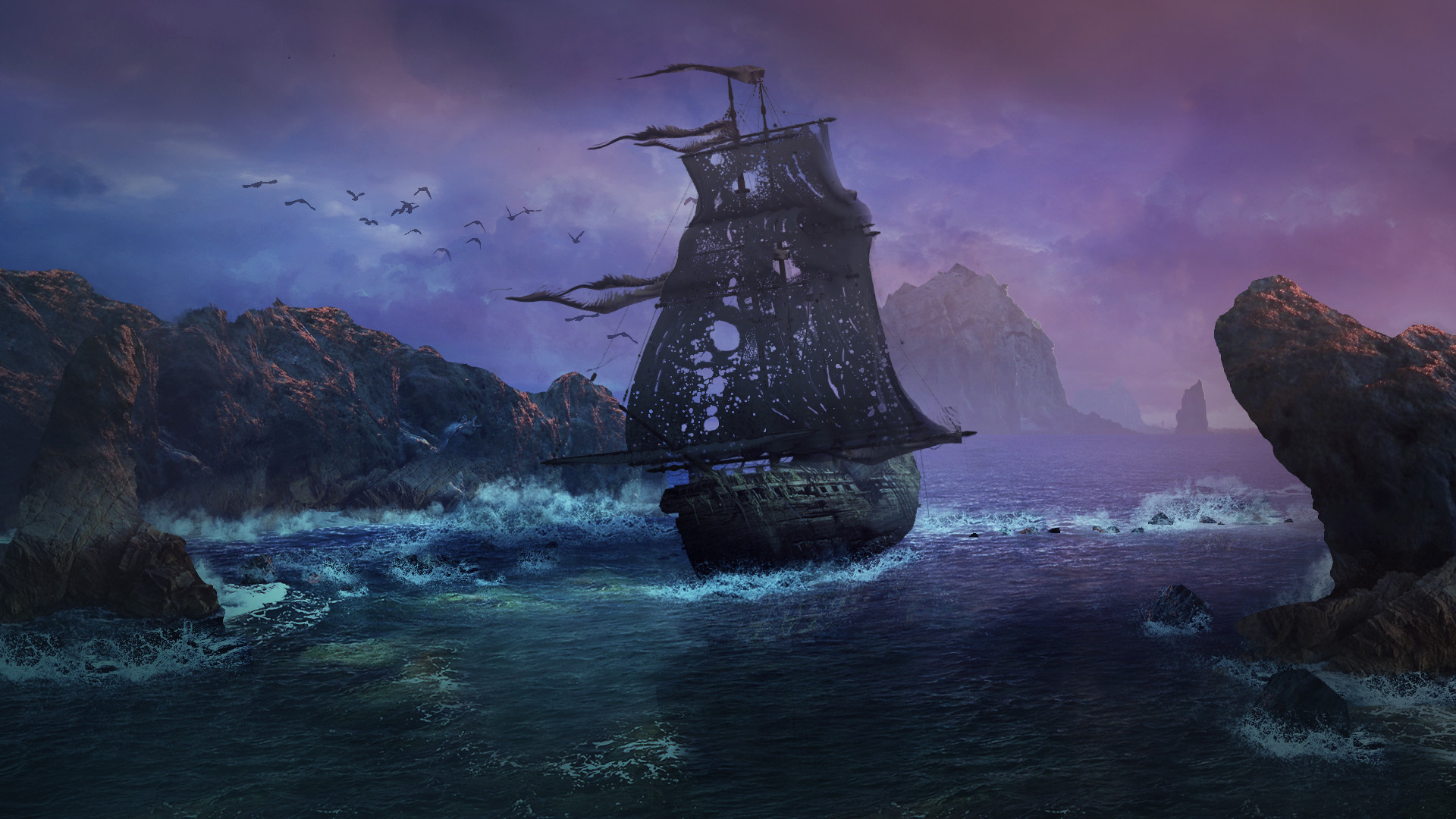 Tattered sail pirate ship, Craggy coastal rock formations, Purple twilight storm sky, Full HD Desktop wallpaper