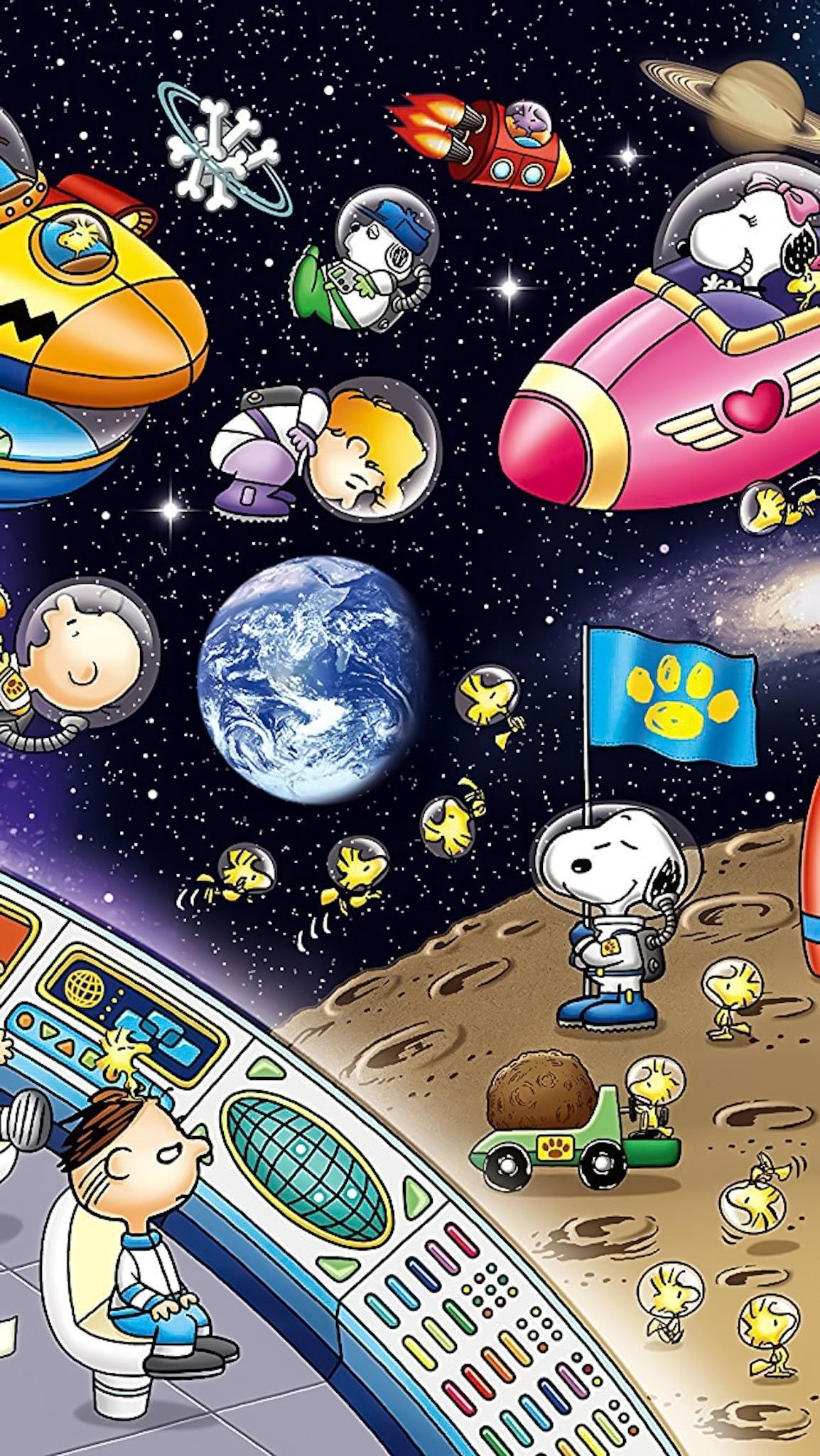 Astronaut Snoopy on Moon, Woodstock flock in space, Belle in pink spaceship, Charlie Brown in spacesuit, Planet Earth in space, HD Phone wallpaper