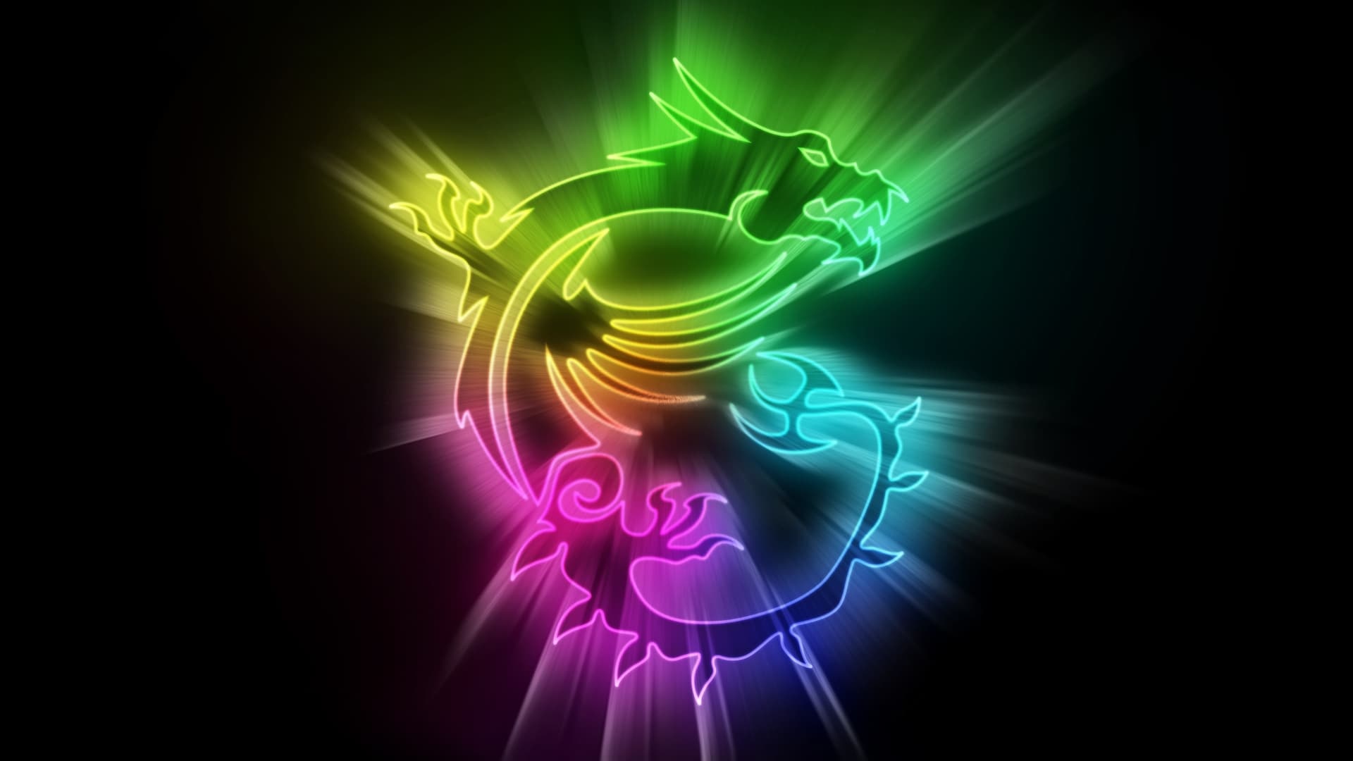 MSI dragon logo, rainbow RGB light rays, neon glowing outline, Full HD Desktop wallpaper