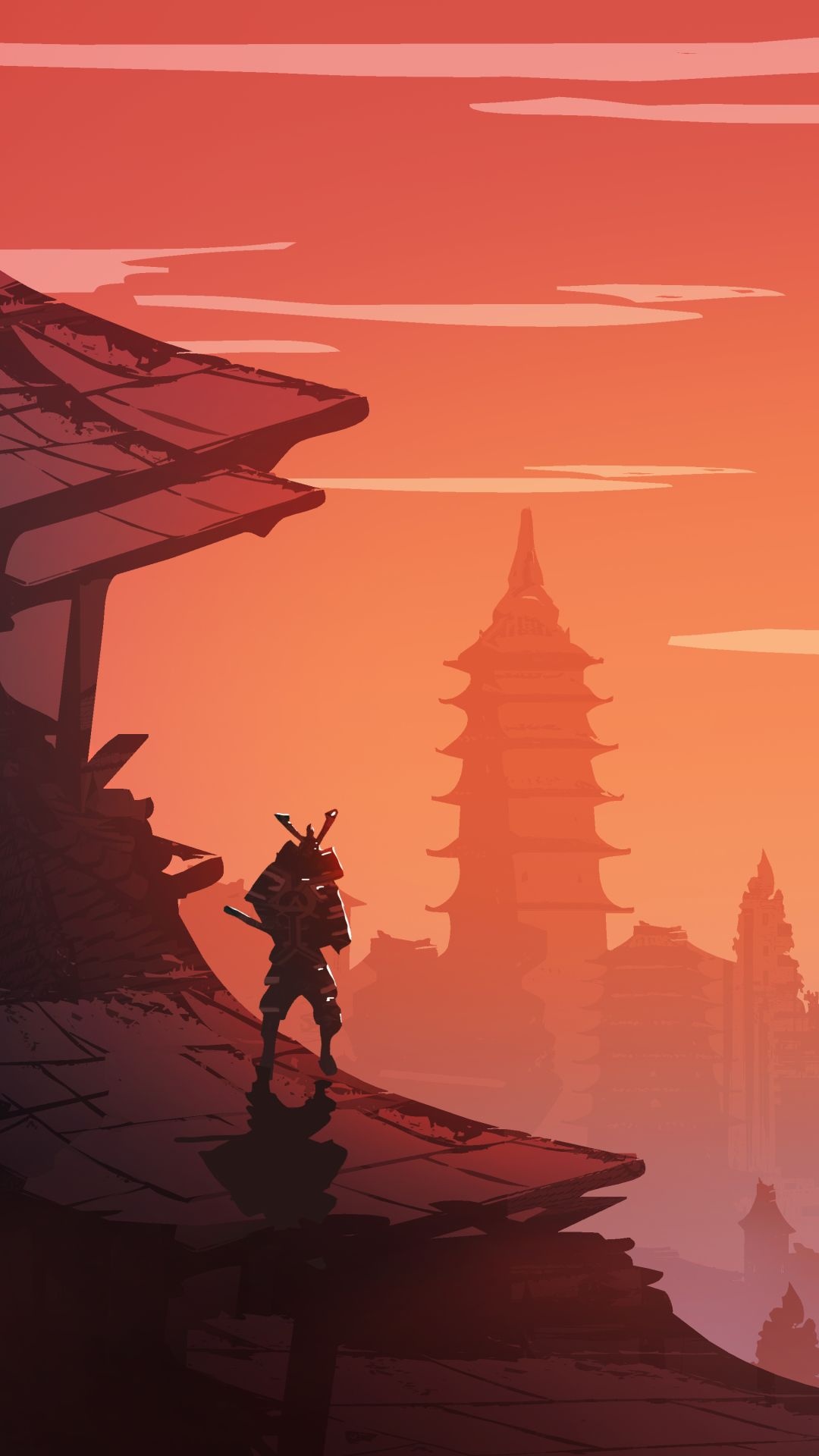 samurai on tiled roof, multi-tiered pagoda tower, orange sunset sky, Full HD Phone wallpaper