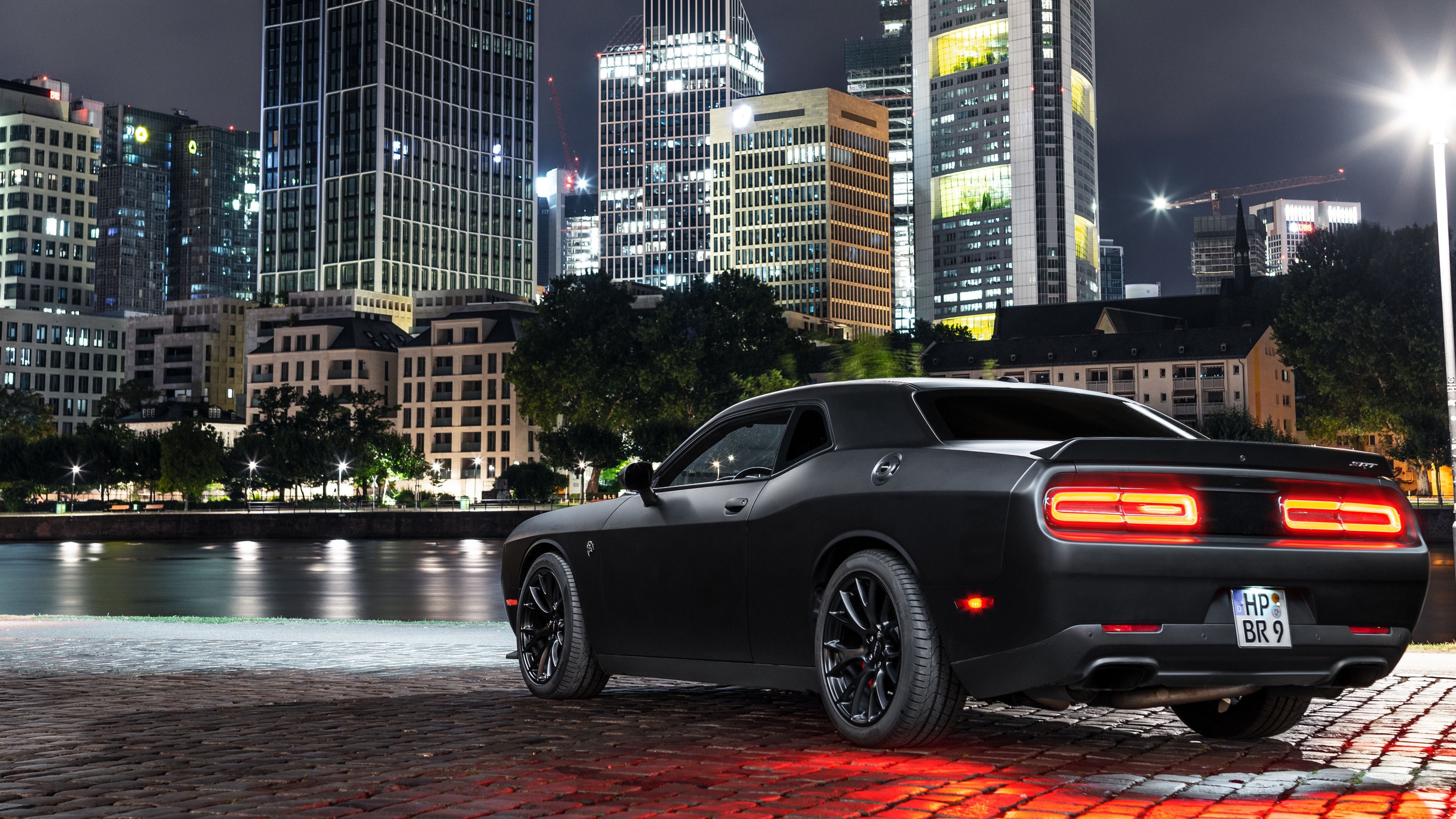 Dodge Challenger SRT Hellcat, Frankfurt skyline at night, HP BR 9 license plate, 4K Desktop wallpaper
