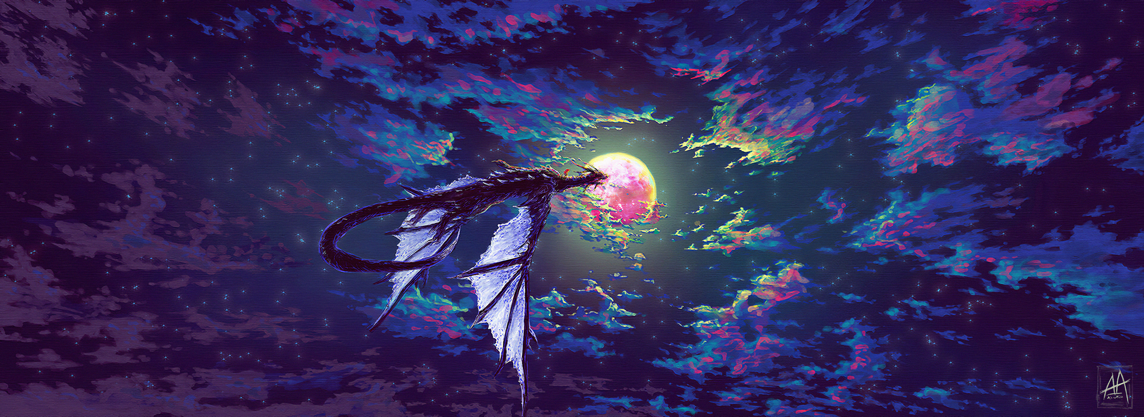 Night sky, Abstract Dragons Wallpaper, 3840x1400 Dual Screen Desktop