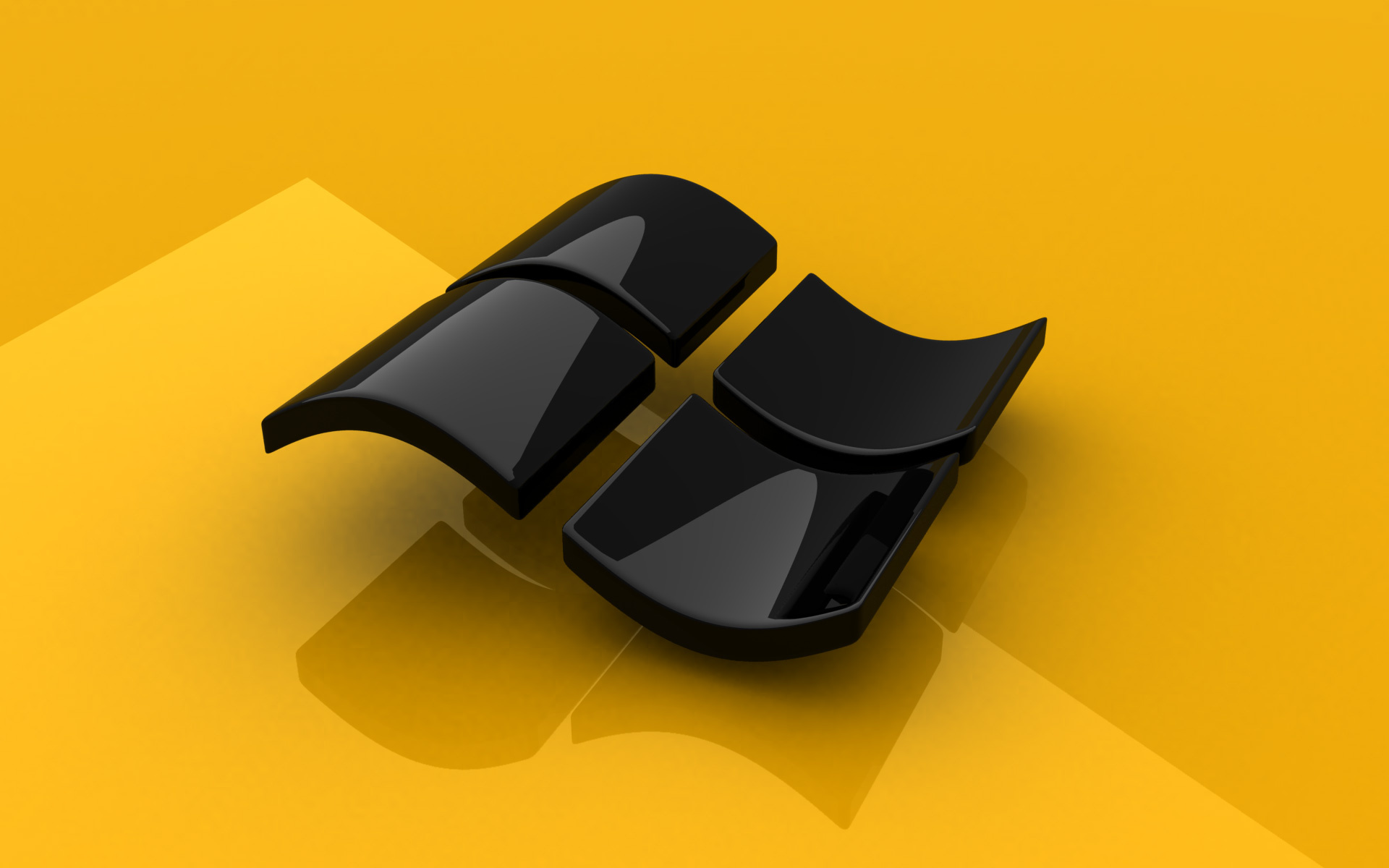 Windows 7 logo, glossy black emblem, bright yellow surface, HD Desktop wallpaper