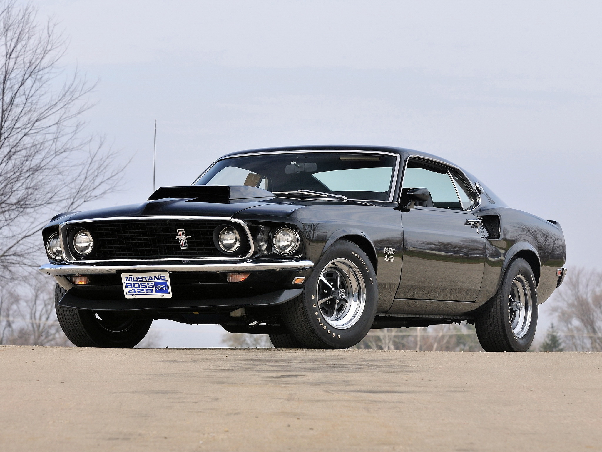 1969 Ford Mustang Boss 429, Magnum 500 wheels, Raven Black muscle car, HD Desktop wallpaper