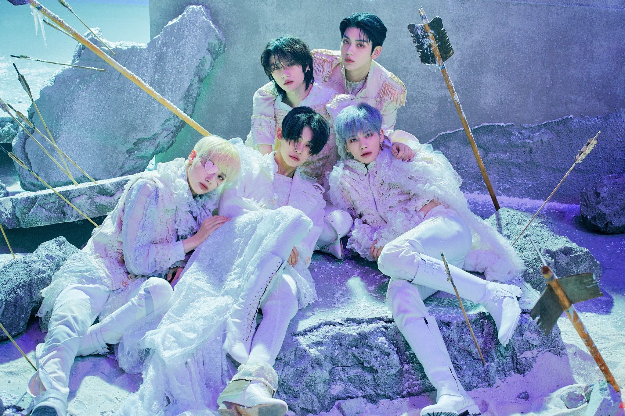 Tomorrow X Together, The Chaos Chapter: FREEZE, White ruffled lace outfits, Frozen ground with arrows, HD Desktop wallpaper