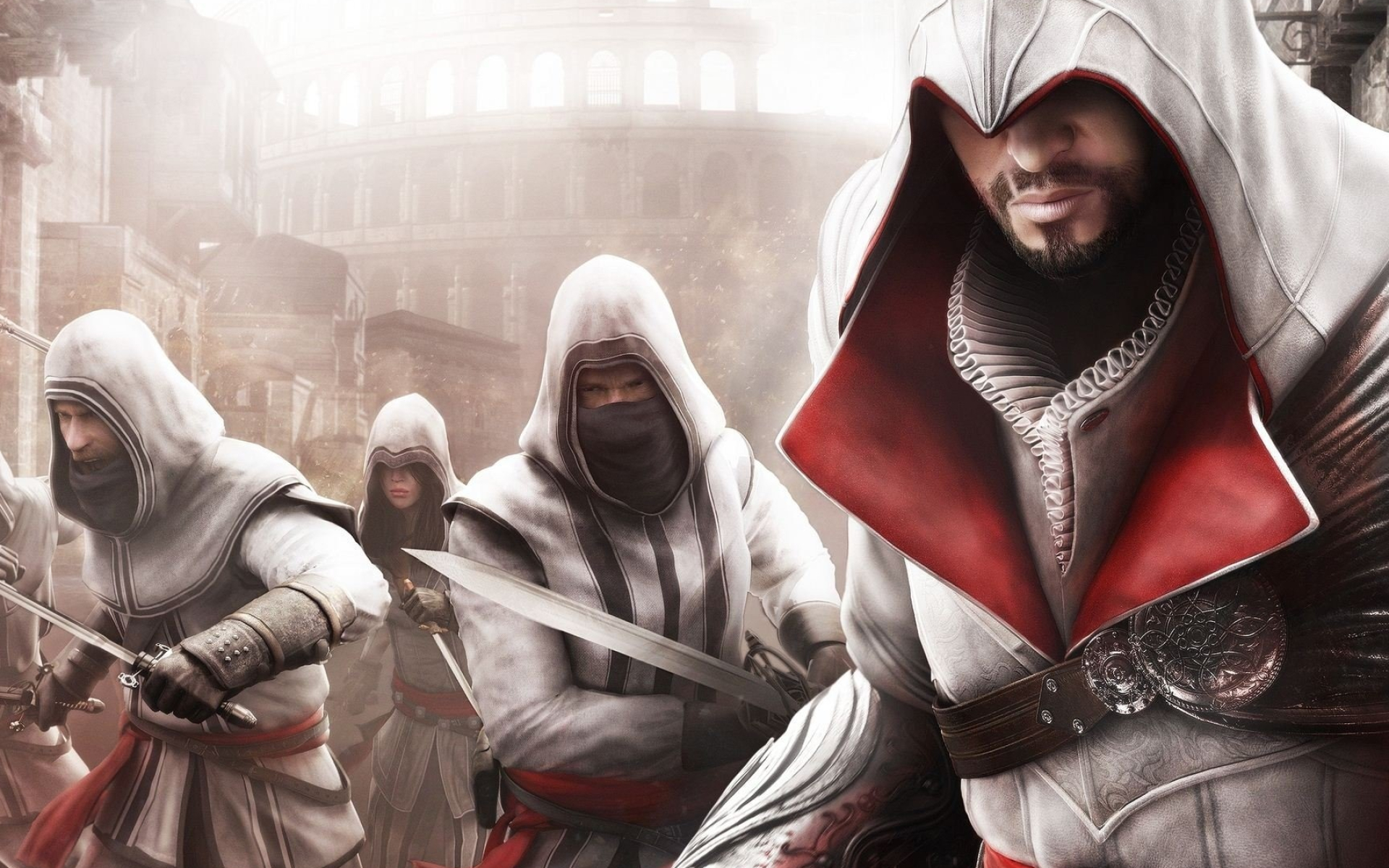 Ezio Auditore da Firenze, Assassin Brotherhood recruits, Assassin's Creed: Brotherhood, Roman Colosseum background, HD Desktop wallpaper
