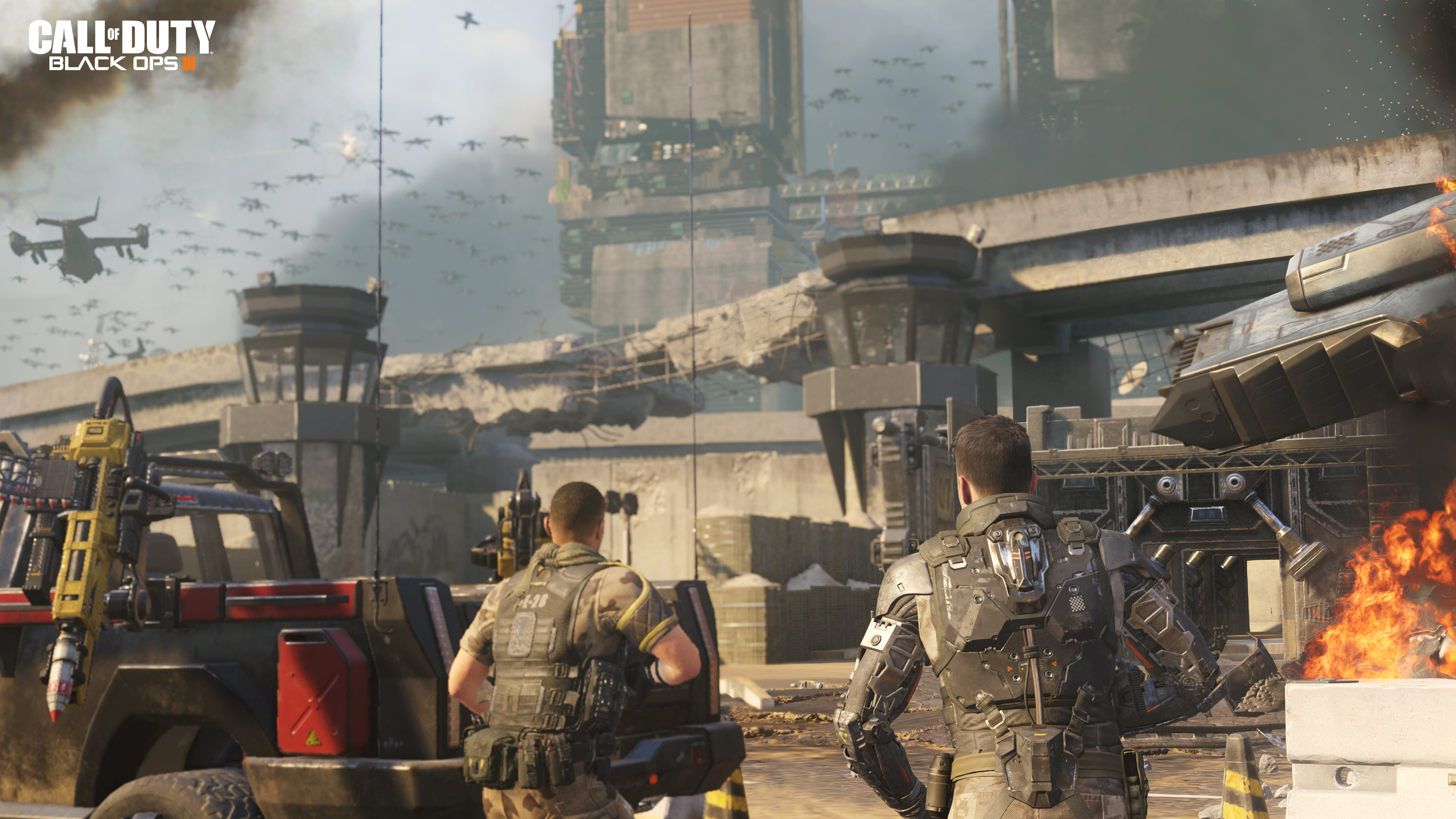 Call of Duty: Black Ops III logo, Cybernetic exoskeleton soldier, Futuristic battlefield with VTOLs, HD Desktop wallpaper