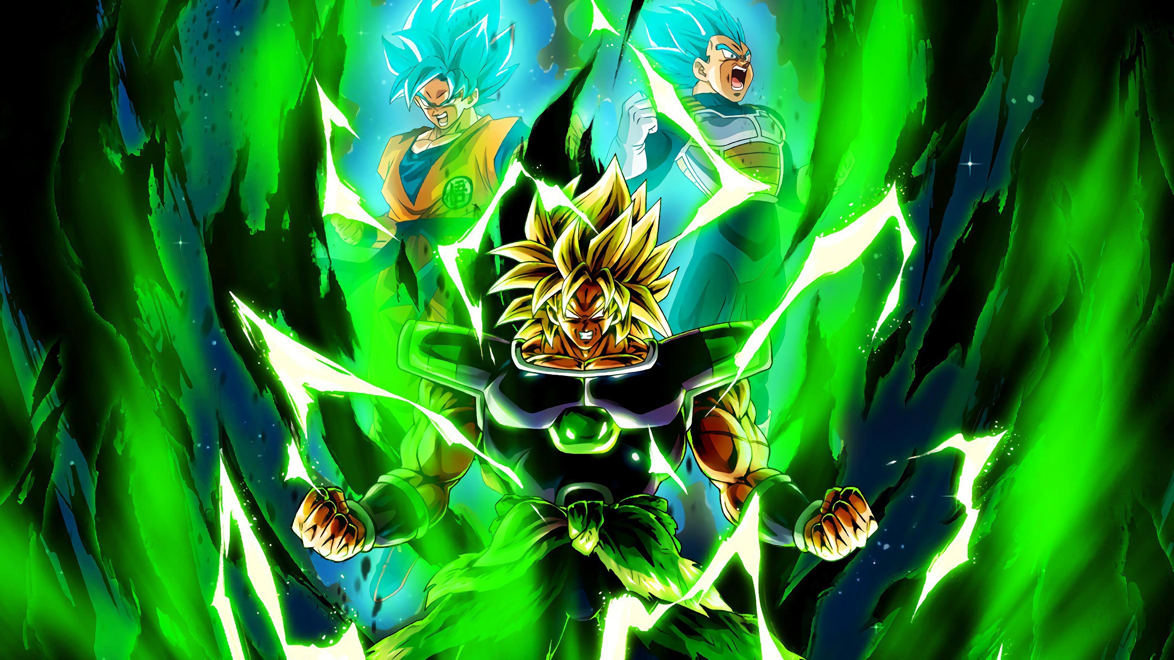 Super Saiyan Broly, Super Saiyan Blue Goku, Super Saiyan Blue Vegeta, green energy aura, 4K Desktop wallpaper