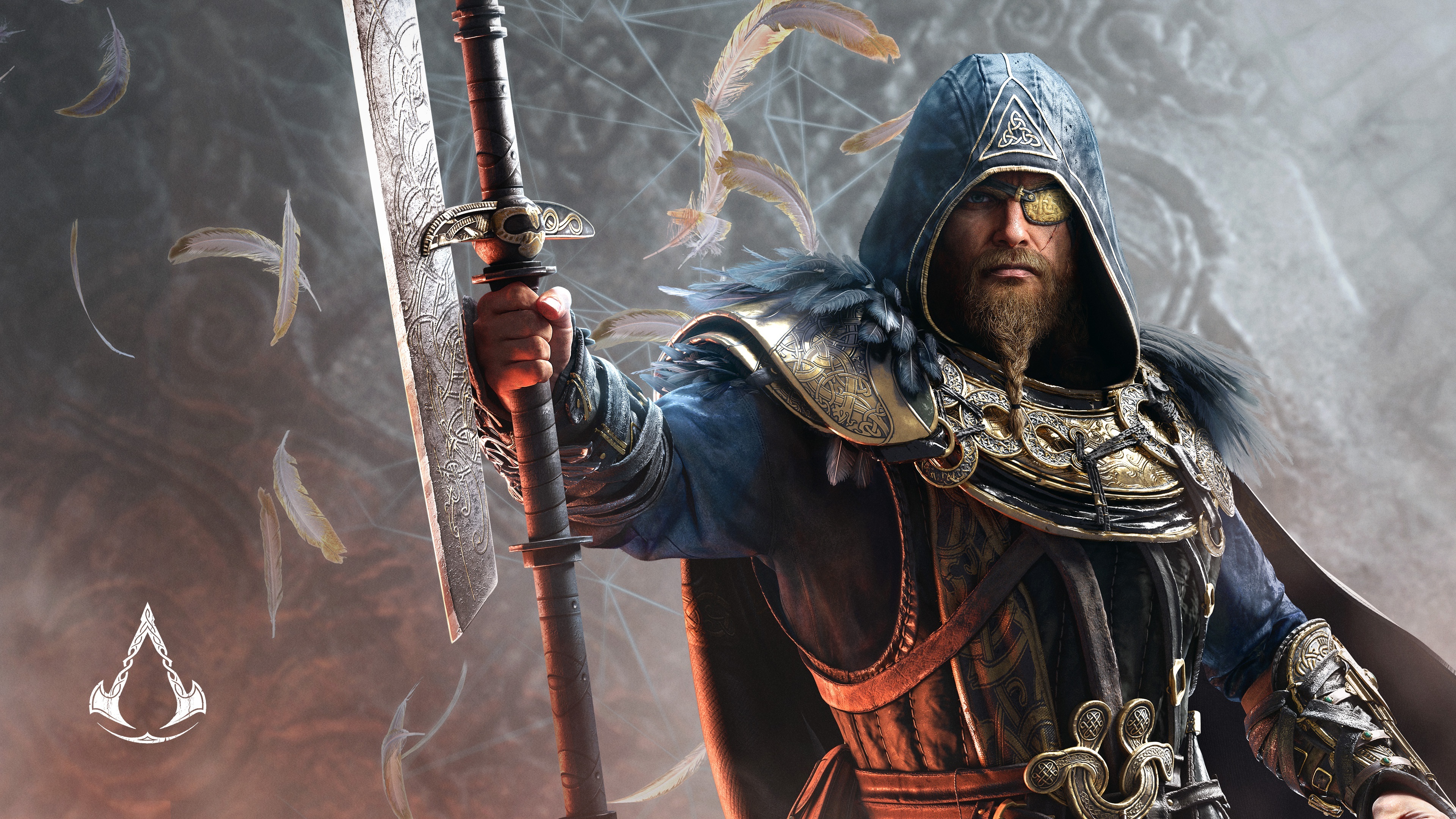 Odin in Assassin's Creed Valhalla, Assassin's Creed Valhalla logo, Floating golden feathers, 4K Desktop wallpaper
