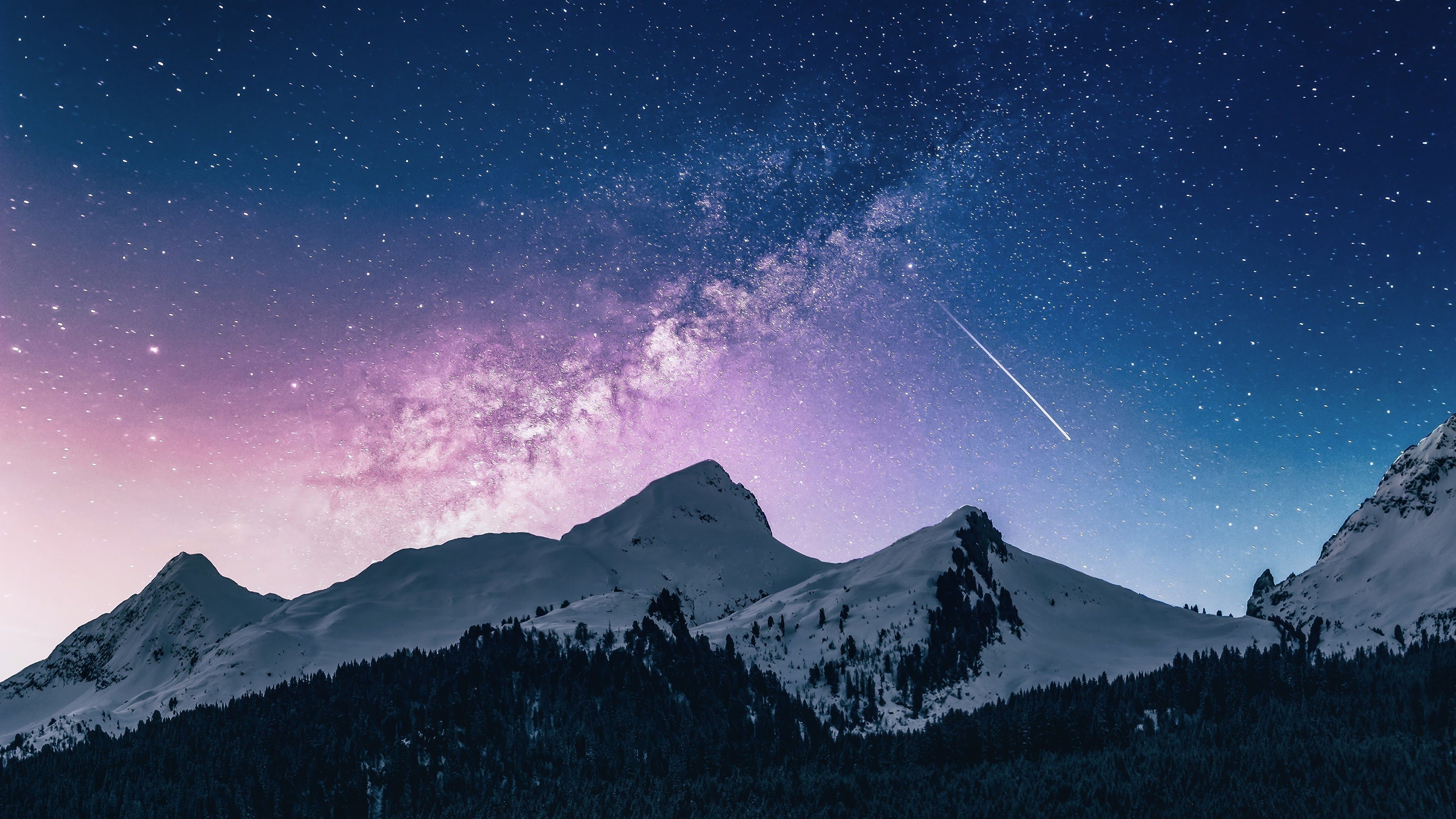 Milky Way galaxy, shooting star meteor streak, snow-capped mountain range, 4K Desktop wallpaper