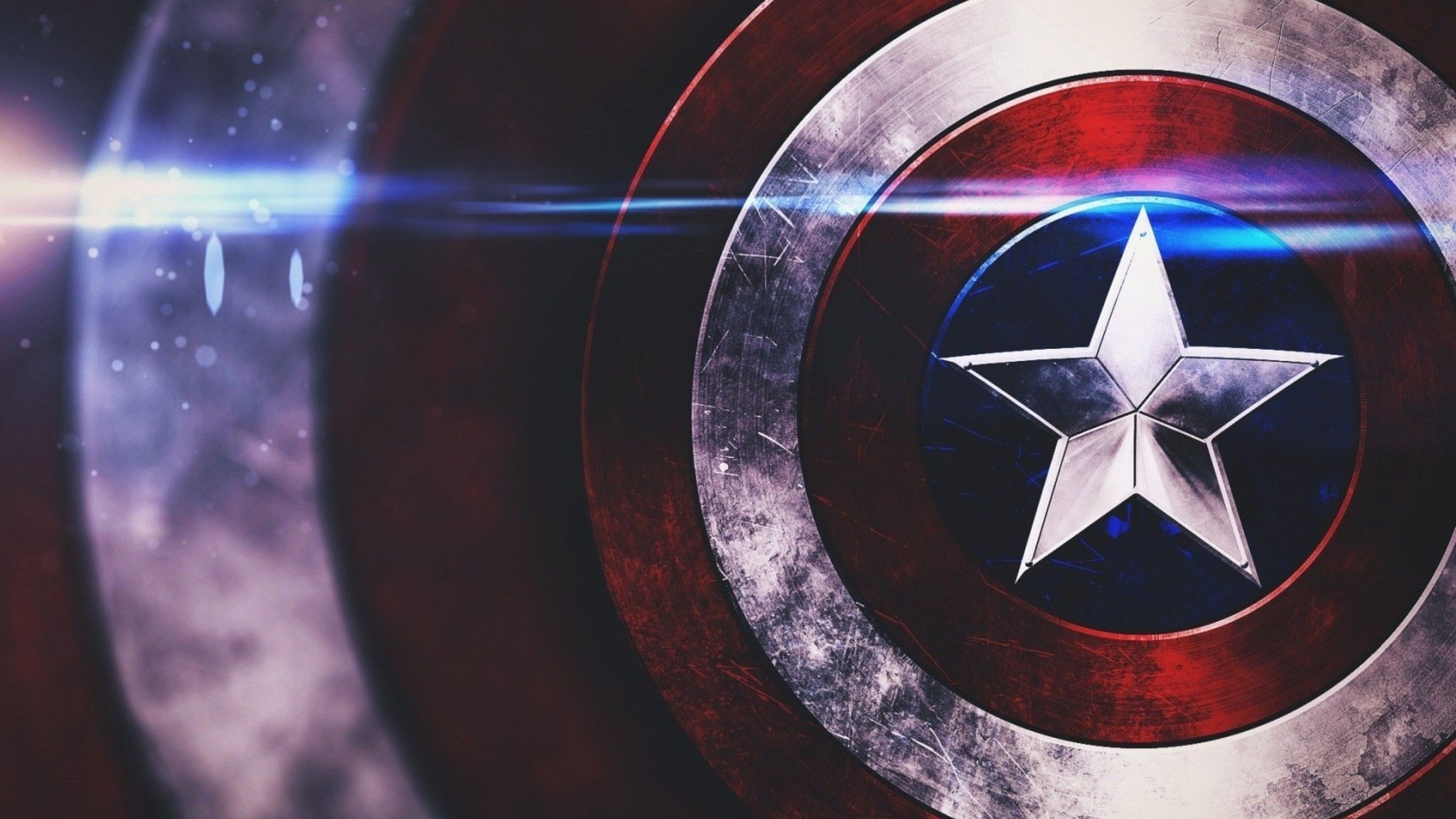 Captain America's shield, beveled silver star emblem, horizontal blue lens flare, HD Desktop wallpaper