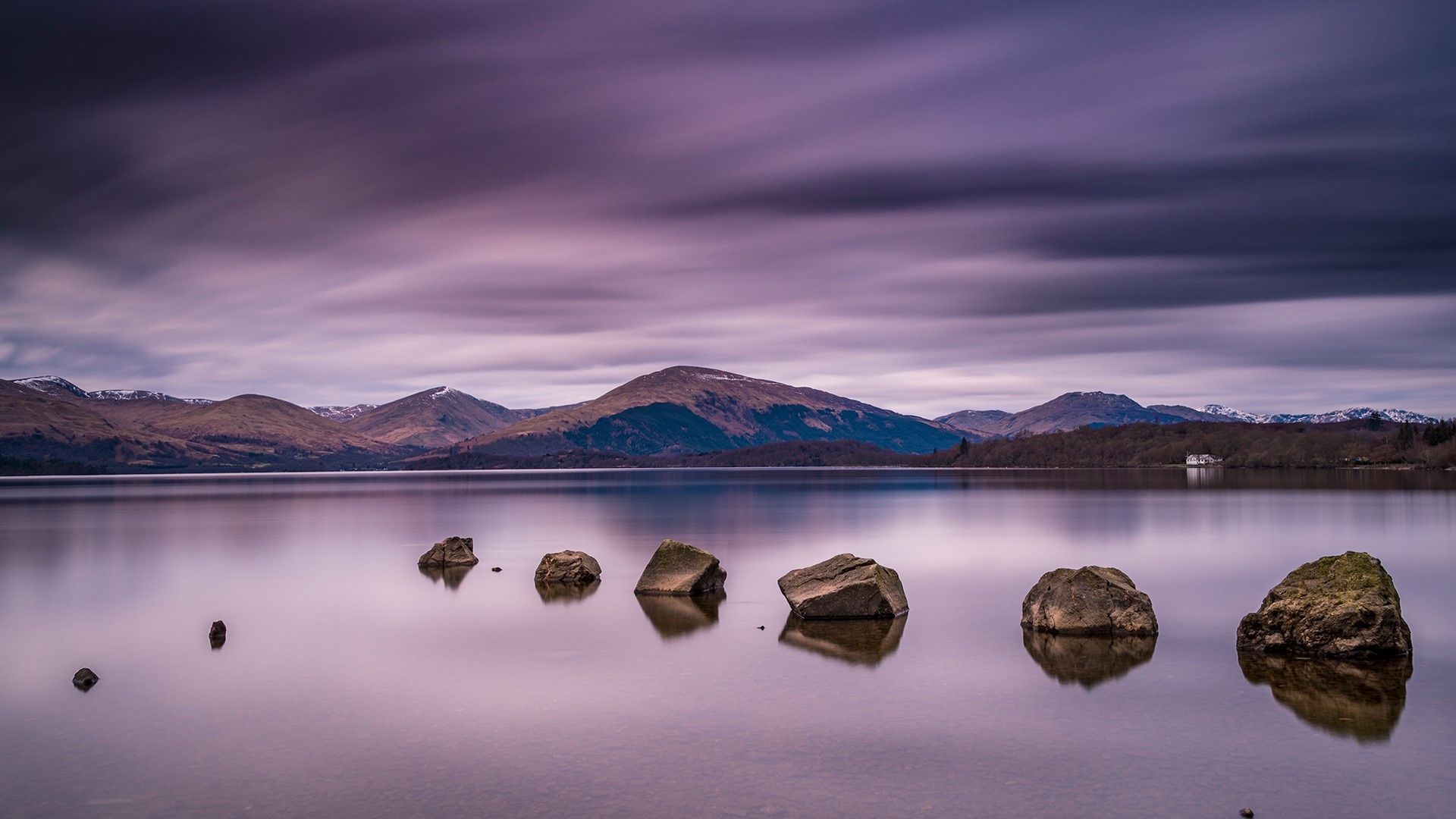 Winter evening charm, Milarrochy Bay rocks, Trossachs scenery, Scotland spotlight, 1920x1080 Full HD Desktop