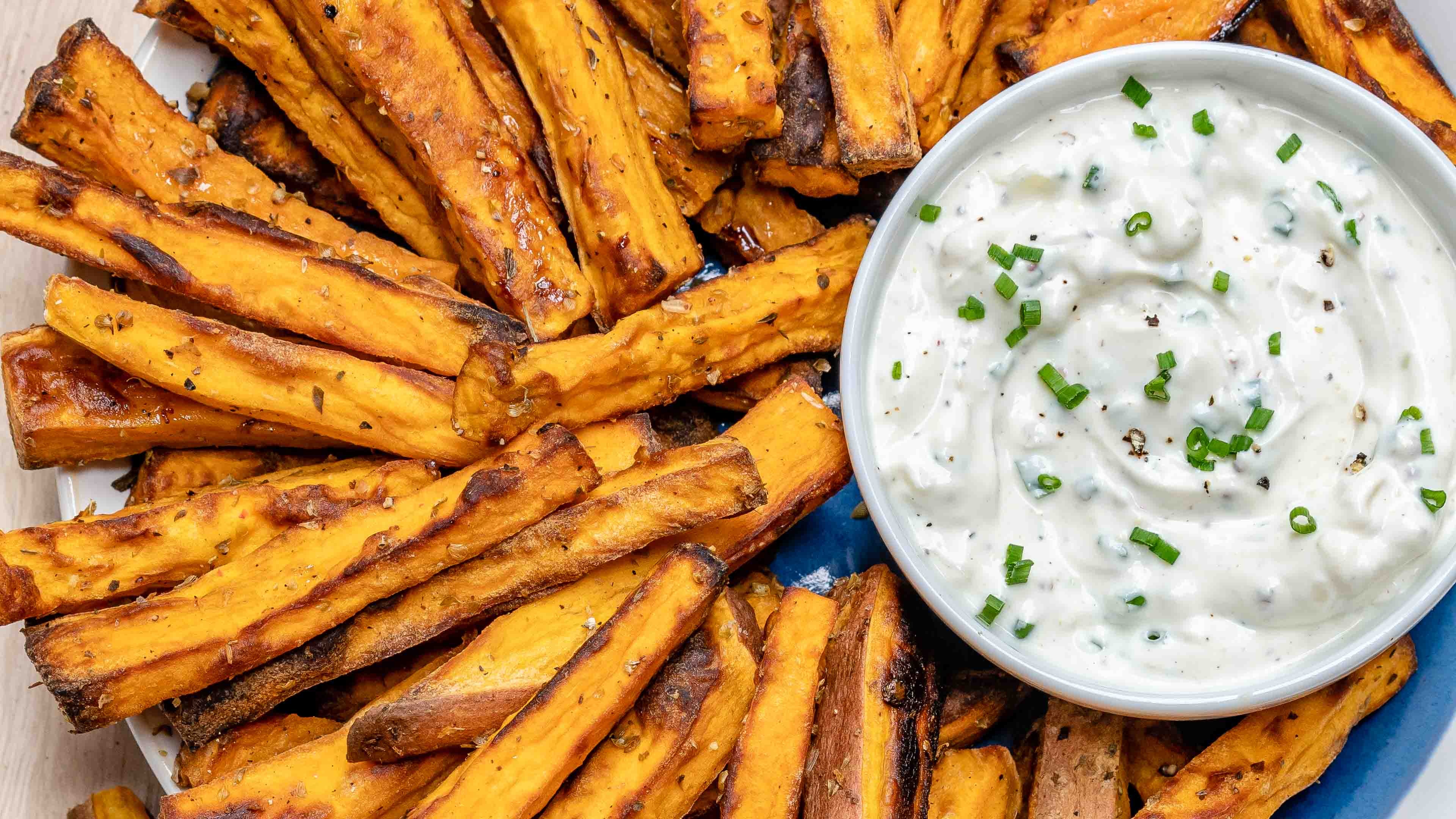 Baked sweet potato fries, Ranch dip accompaniment, Clean Food Crush recipe, Healthy and tasty, 3840x2160 4K Desktop