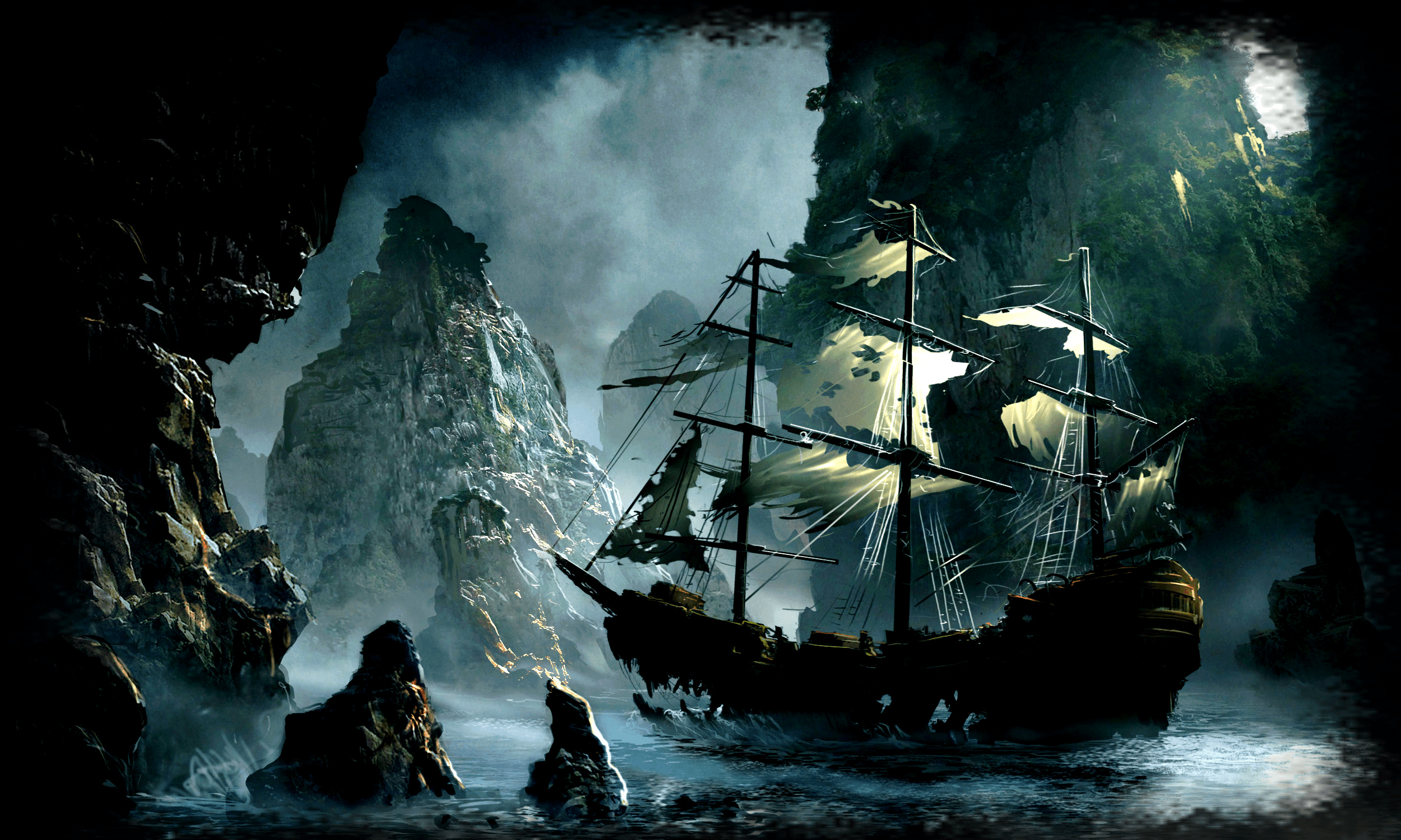 Tattered ghost pirate ship, Mist-shrouded karst cliffs, Dark ocean cove, HD Desktop wallpaper