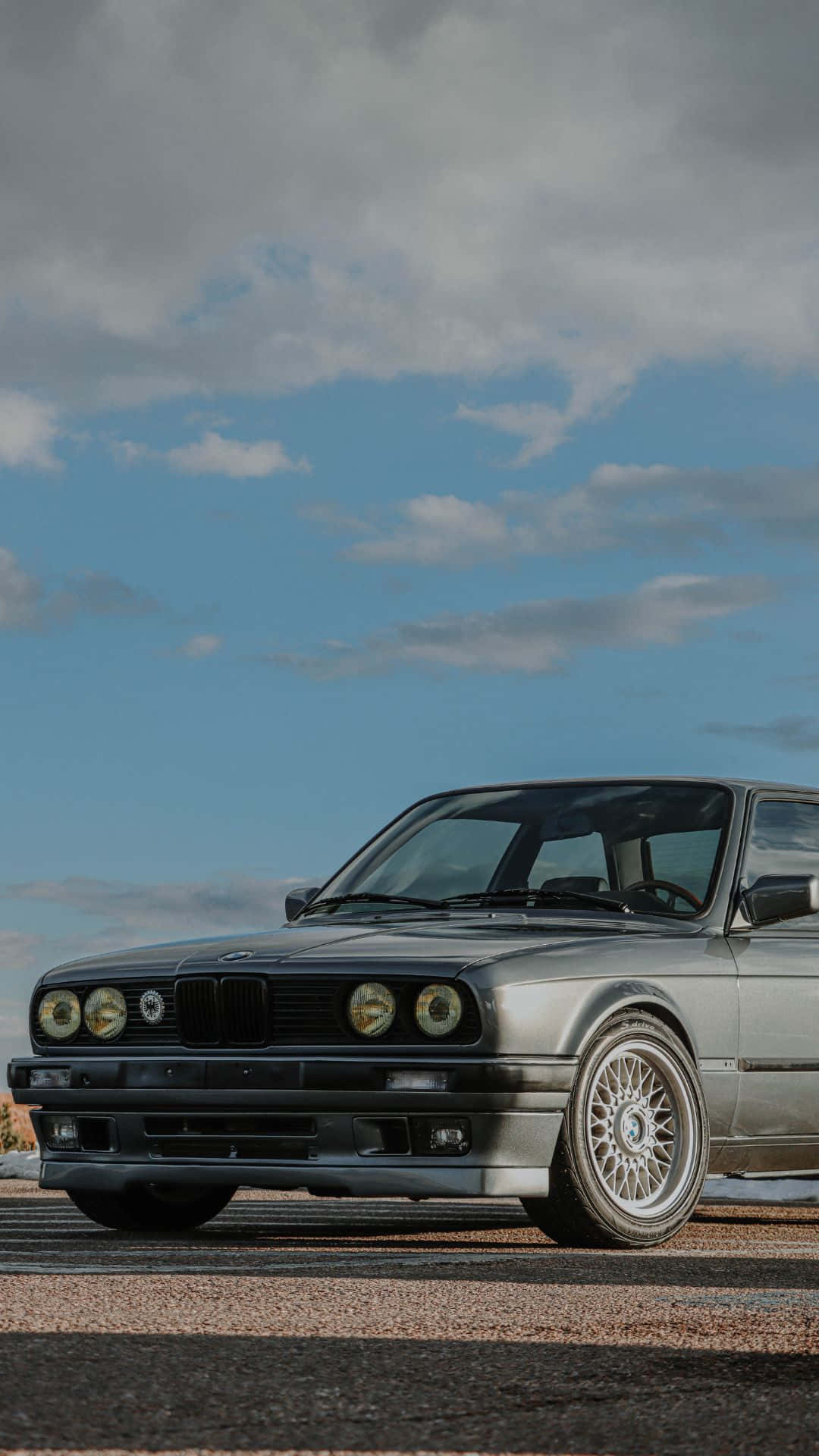 grey BMW E30, BBS mesh wheels, cloudy blue sky, Full HD Phone wallpaper