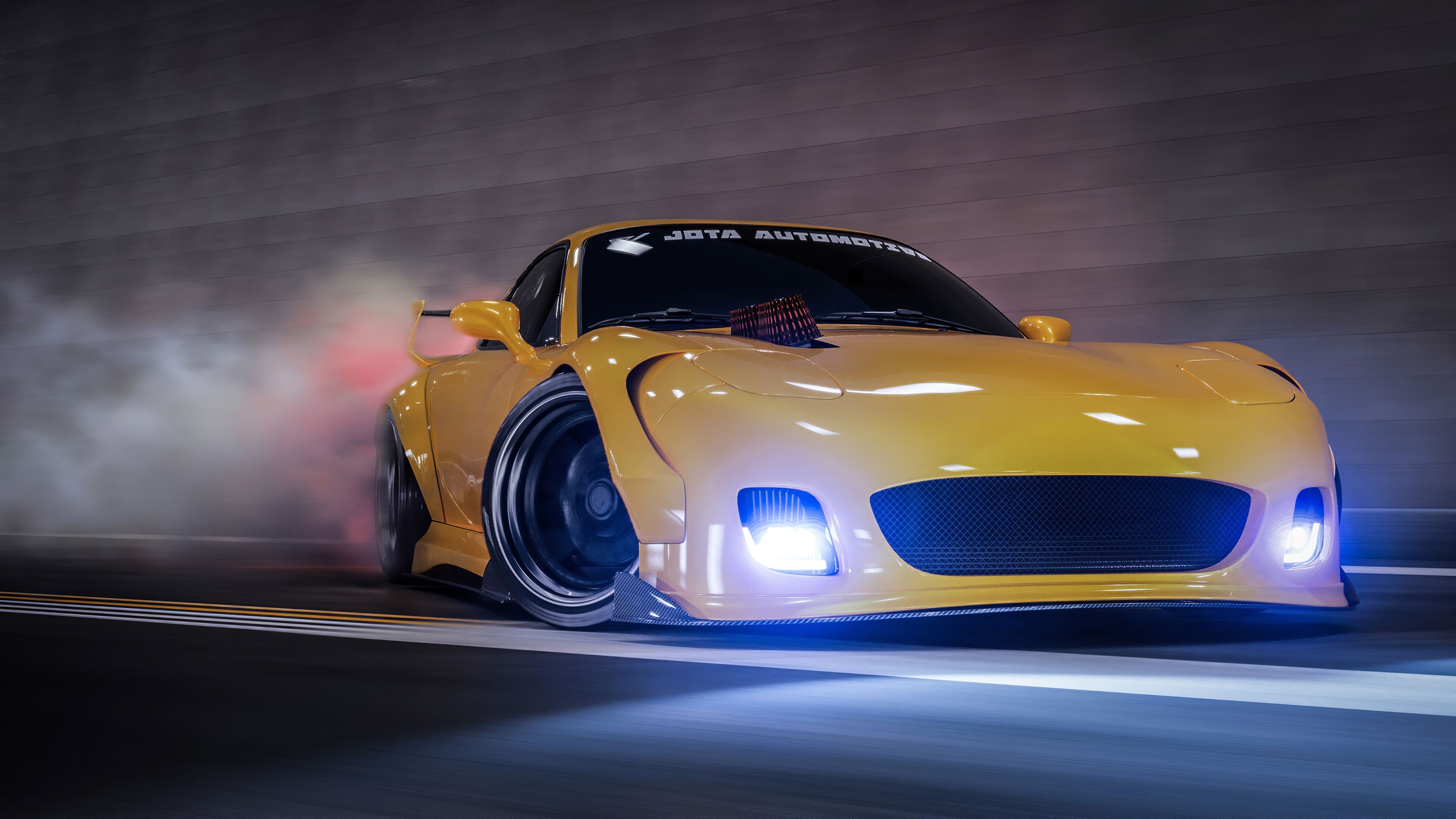 widebody Mazda RX-7 FD, JOTA AUTOMOTIVE banner, drifting tire smoke, 4K Desktop wallpaper