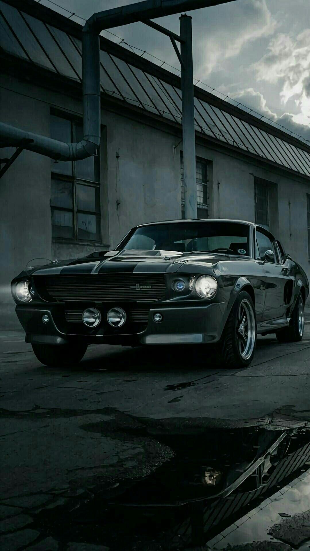 Ford Mustang Eleanor, Industrial warehouse courtyard, Puddle reflection on asphalt, Full HD Phone wallpaper