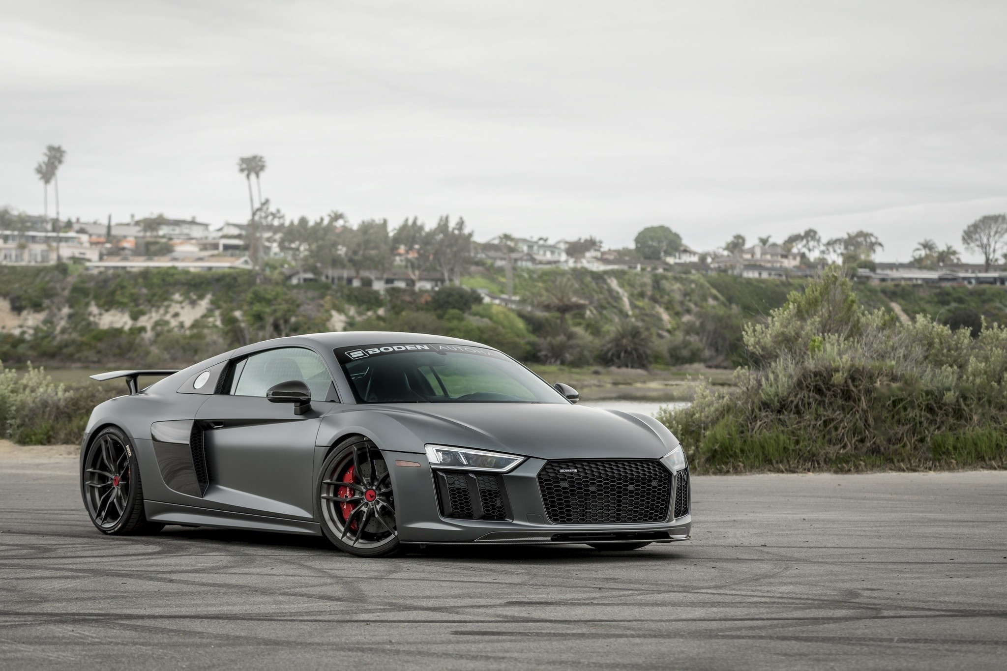 Audi R8 V10 Plus, Boden Autohaus banner, matte grey finish, HD Desktop wallpaper