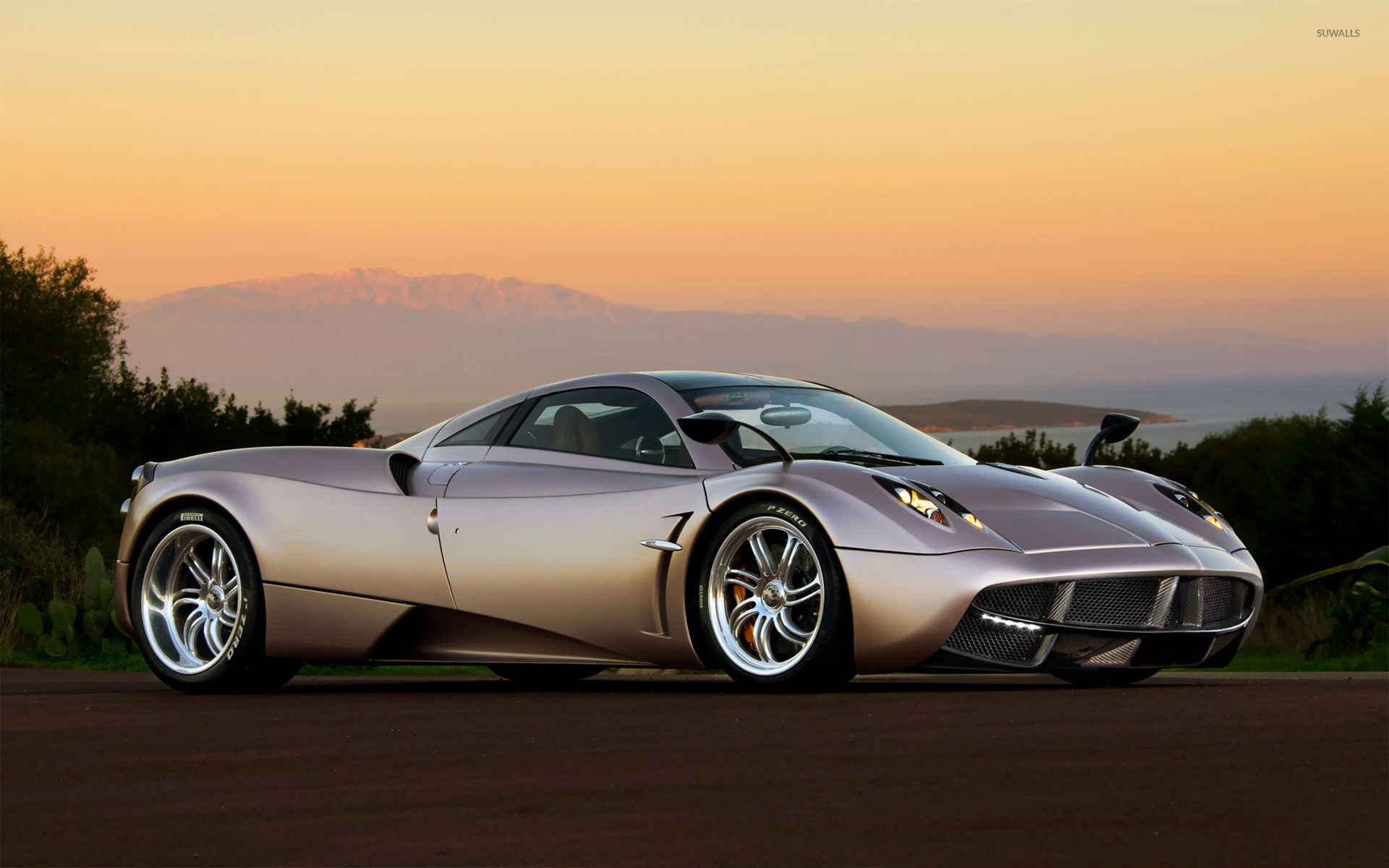 Pagani Huayra, coastal mountains at sunset, sunset gradient sky, HD Desktop wallpaper